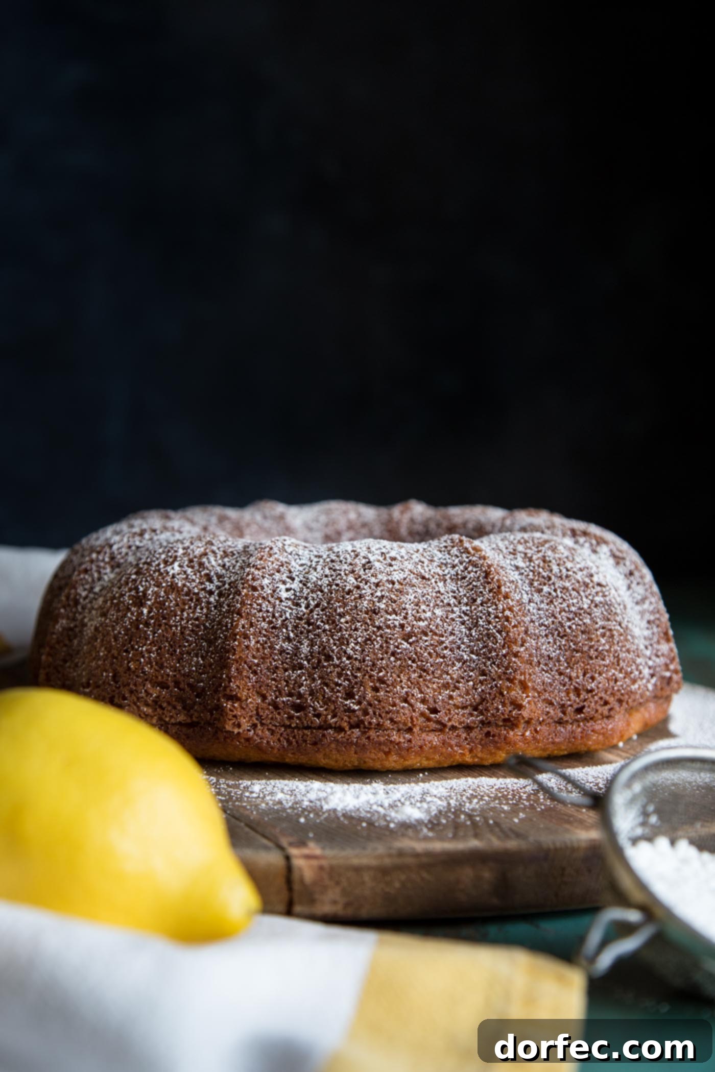 A pristine, unglazed lemon bundt cake, showcasing its golden-brown crust and elegant fluted design, sitting on a wire rack.