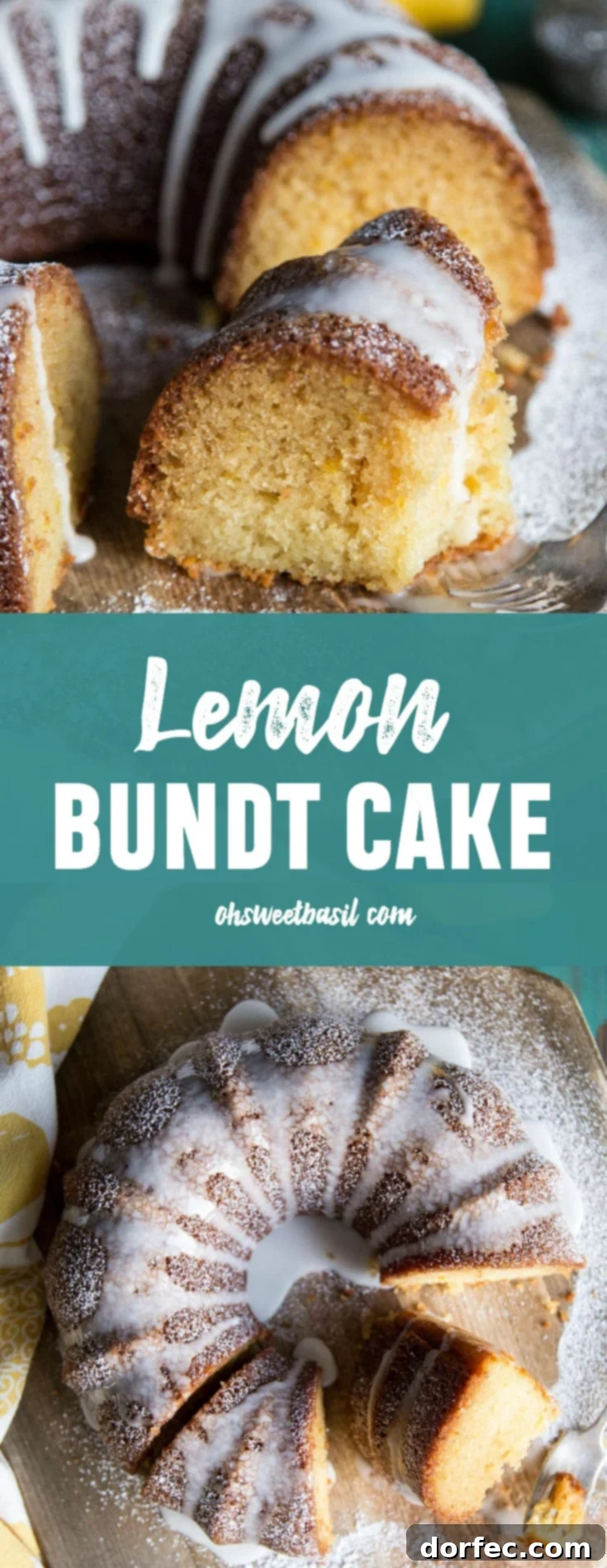 A beautiful, glazed Lemon Bundt Cake, garnished with fresh lemon slices and a sprig of mint, presented on a wooden board for a vibrant spring or summer dessert.