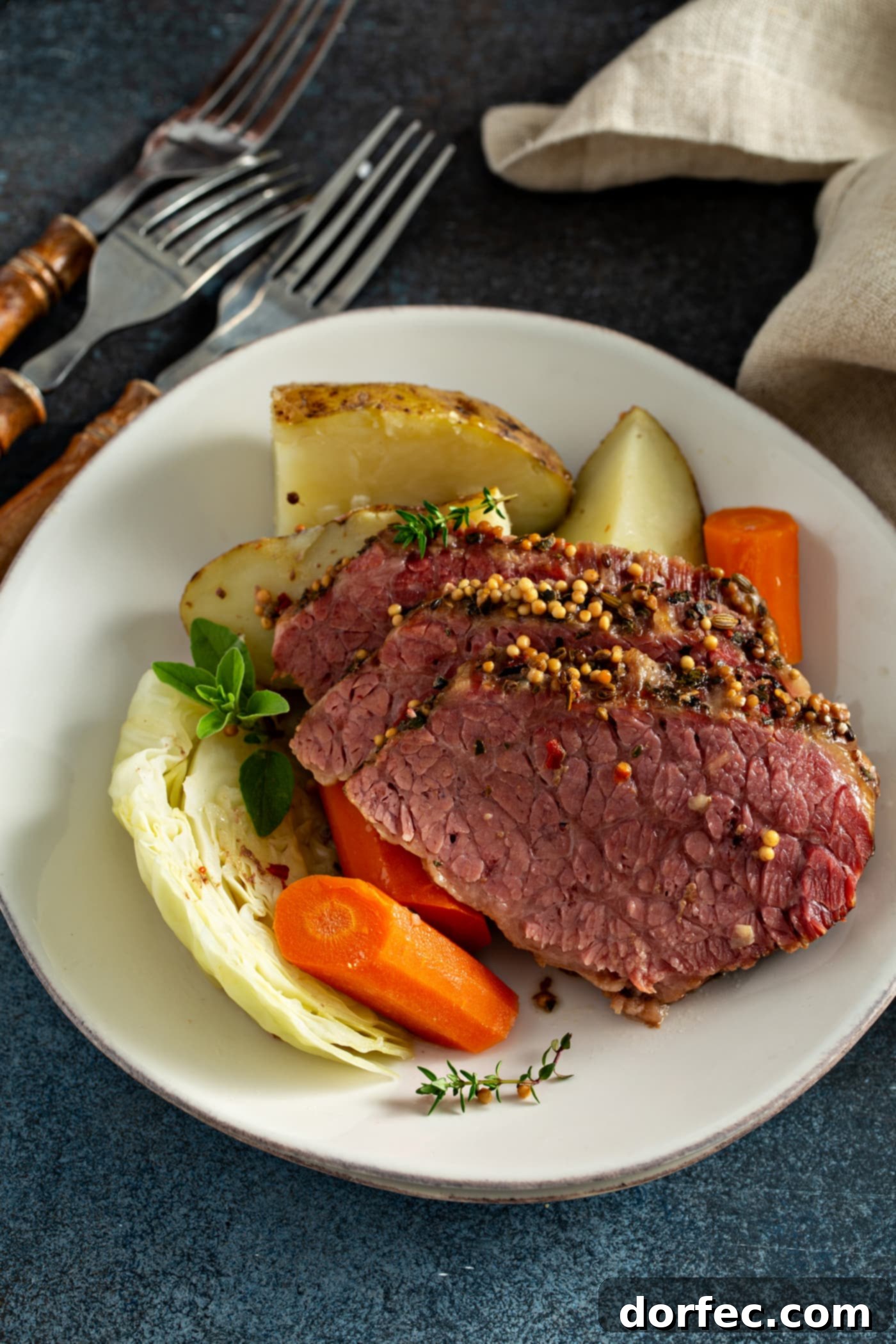 Slow Cooker Corned Beef and Cabbage Three slices of corned beef resting on potatoes and carrots and cabbage on a white serving plate. There are forks next to the plate.