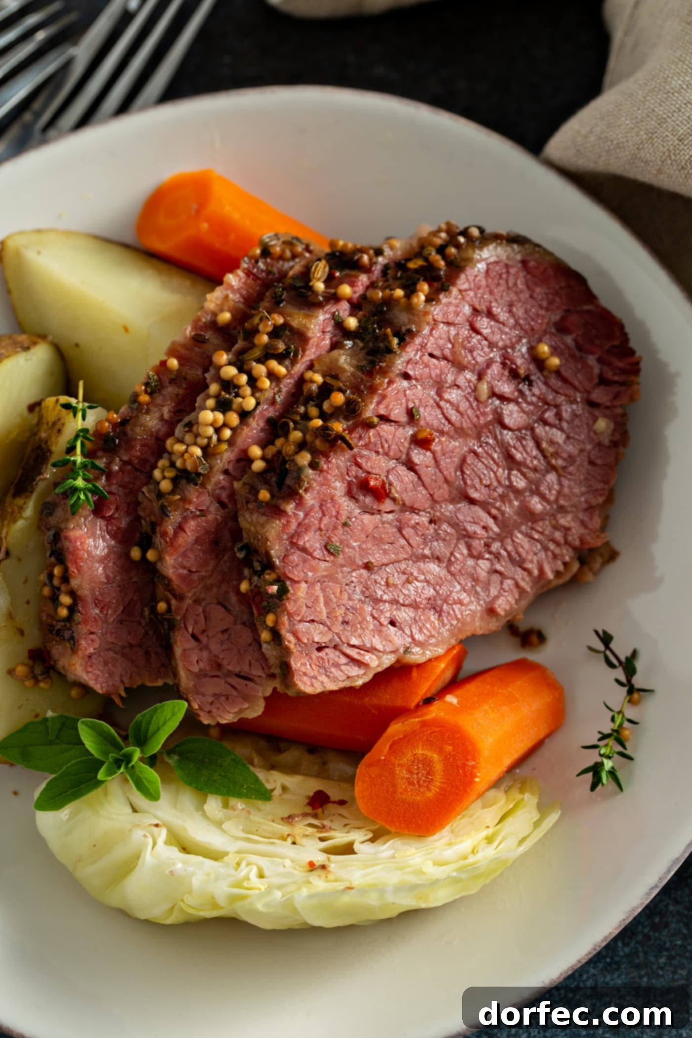 Slow Cooker Corned Beef and Cabbage Three slices of corned beef with carrots and potatoes and cabbage on a white plate.
