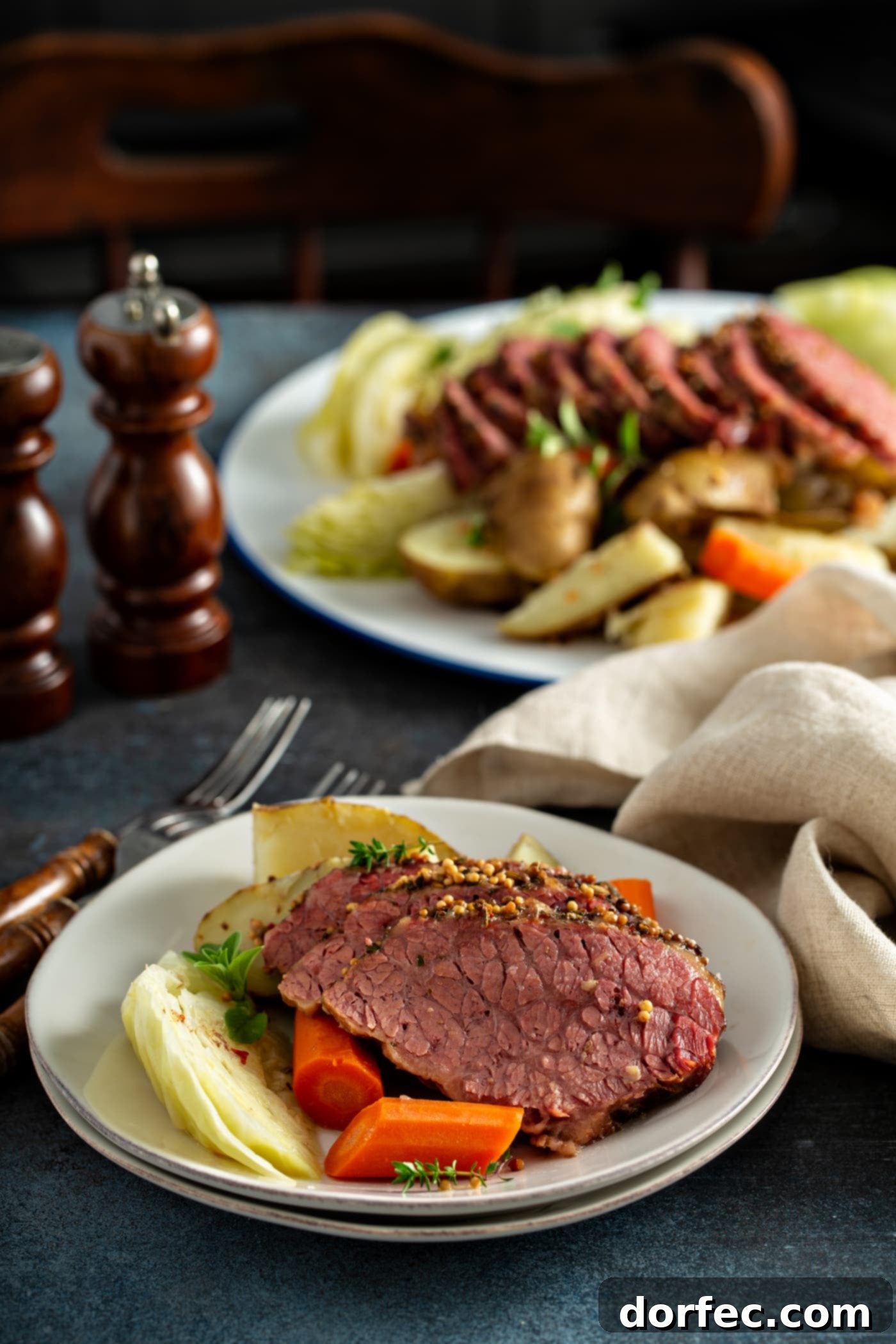 Slow Cooker Corned Beef and Cabbage A dinner table with a platter of sliced corned beef and cabbage surrounded by potatoes, carrots, and cabbage. There is a dinner plate with three slices of corned beef and carrots, potatoes and cabbage. There are two forks on the table next to the plate and a wooden salt and pepper shaker in the background. There is also a tan linen napkin bunched up by the plate.