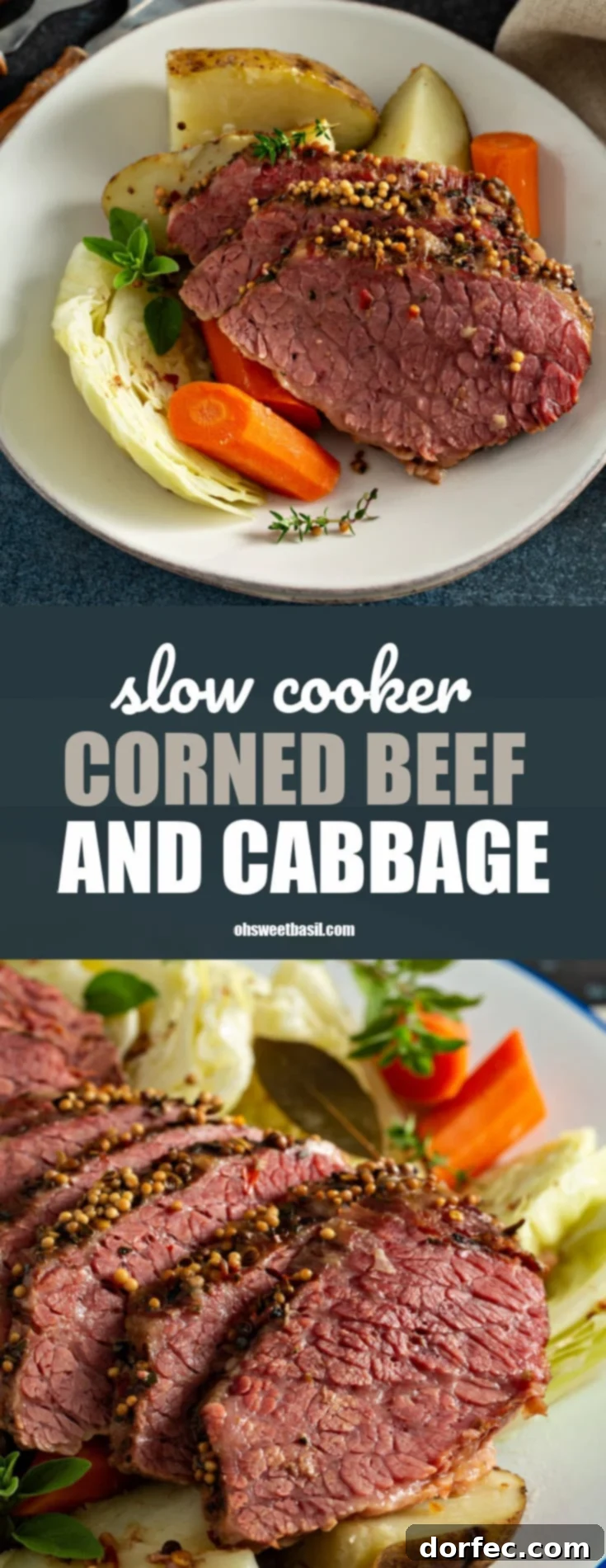Effortless Slow Cooker Corned Beef and Cabbage 2 Deliciously tender slices of corned beef served with perfectly cooked cabbage, carrots, and potatoes, ready for a festive meal.