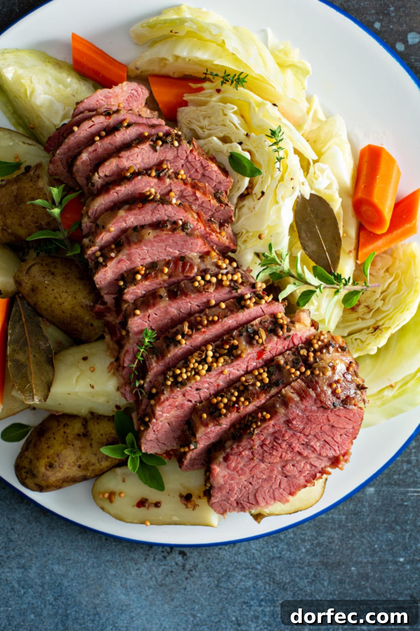 Slow Cooker Corned Beef and Cabbage A serving tray of sliced corned beef with potatoes and carrots on one side and cabbage and carrots on the other side.