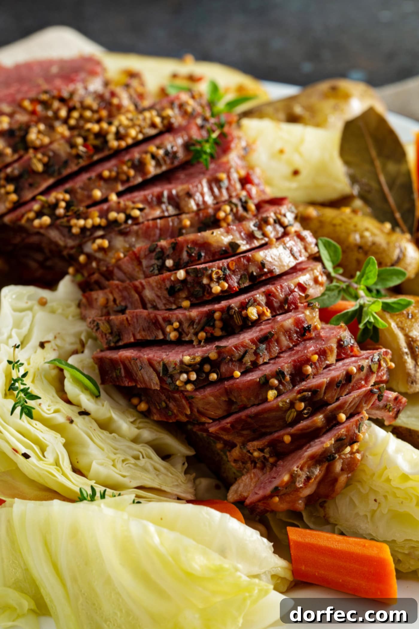 Slow Cooker Corned Beef and Cabbage Sliced corned beef resting on top of potatoes and cabbage.