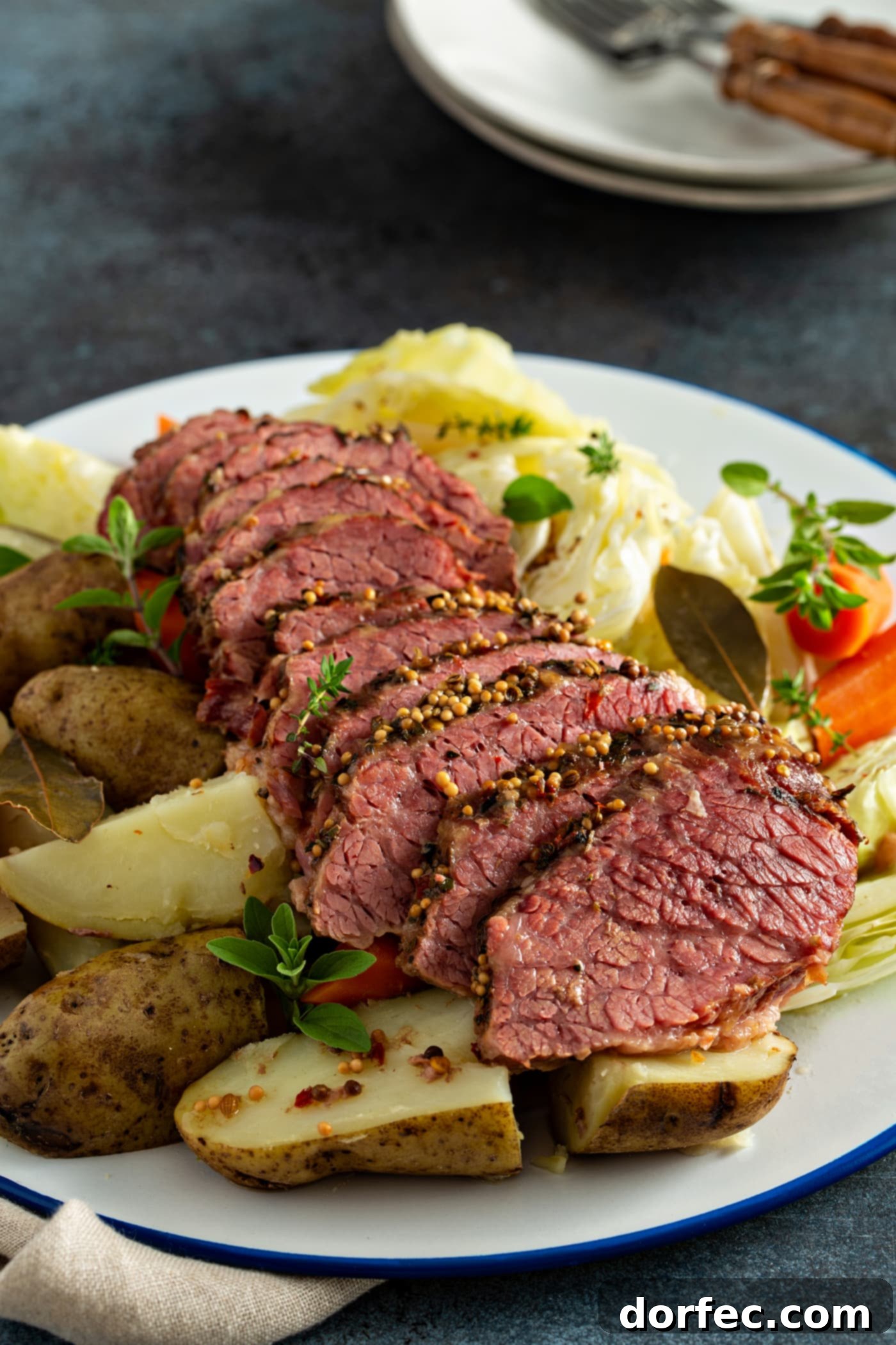 Slow Cooker Corned Beef and Cabbage A serving tray with sliced corned beef surrounded by potatoes, carrots and cabbage with sprigs of herbs on top.