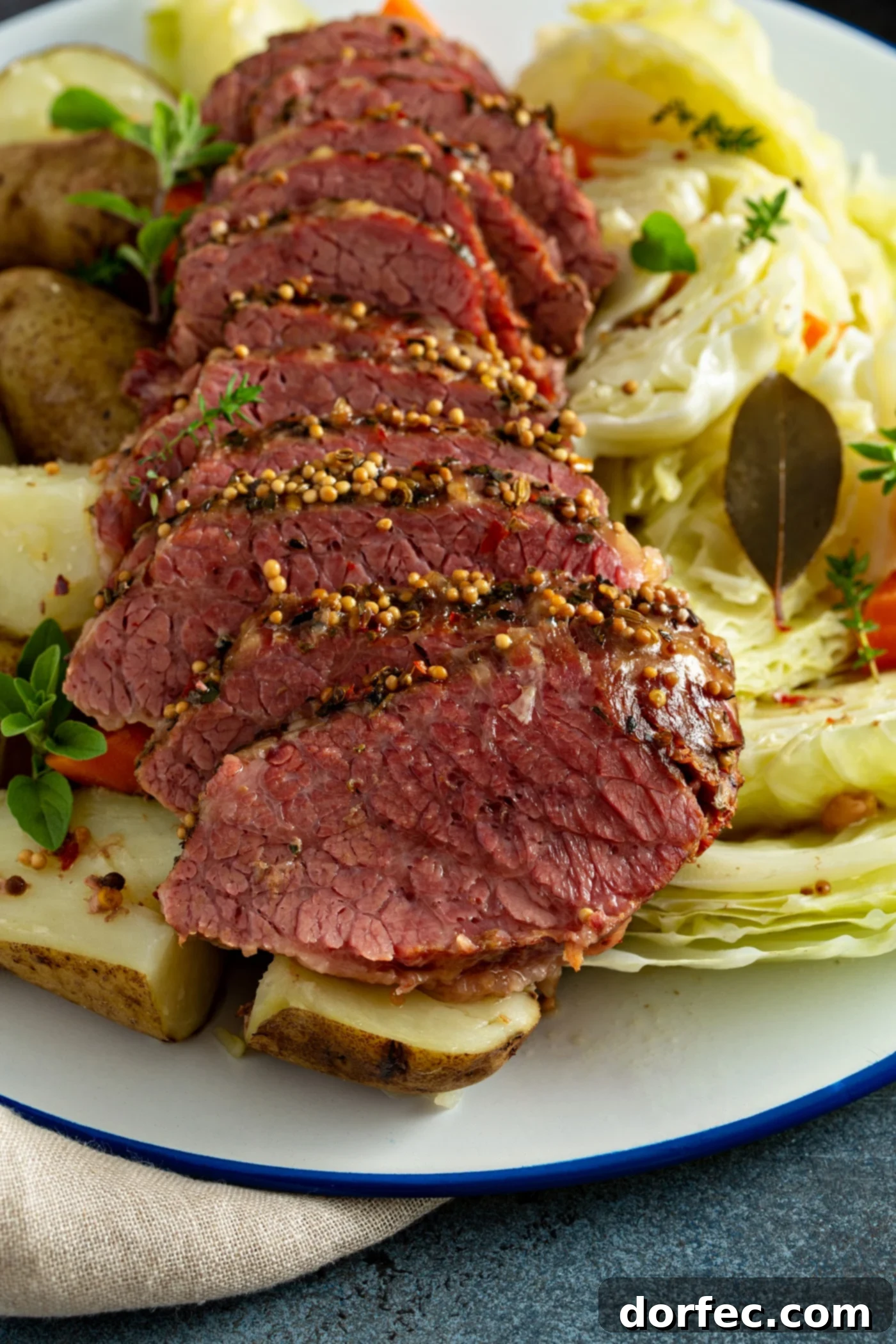Slow Cooker Corned Beef and Cabbage Sliced corned beef laying on top of potatoes, carrots and cabbage.