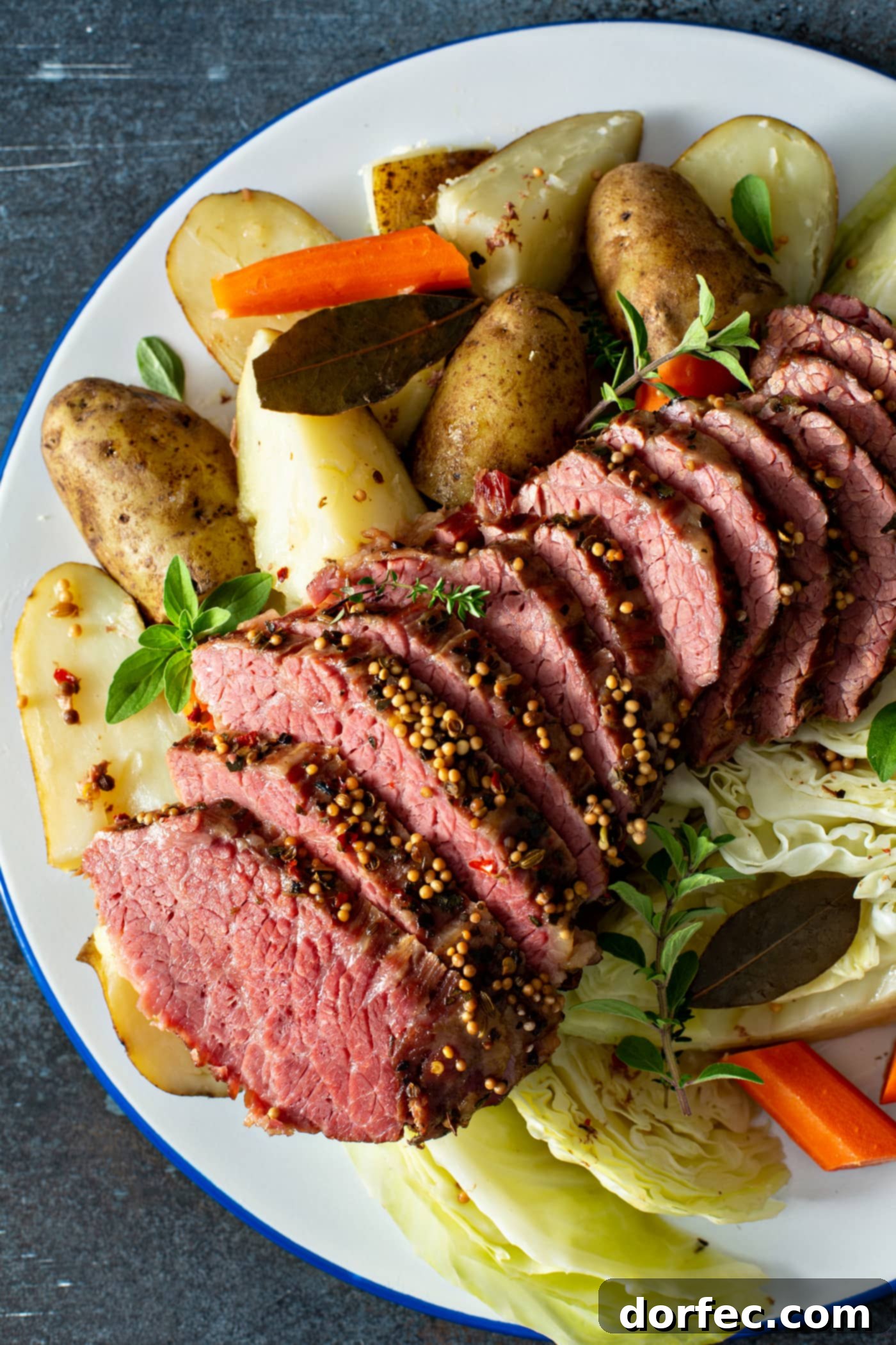Slow Cooker Corned Beef and Cabbage A platter of corned beef and cabbage. There are 12 slices of corned beef with potatoes and carrots on one side and cabbage and carrots on the other side.