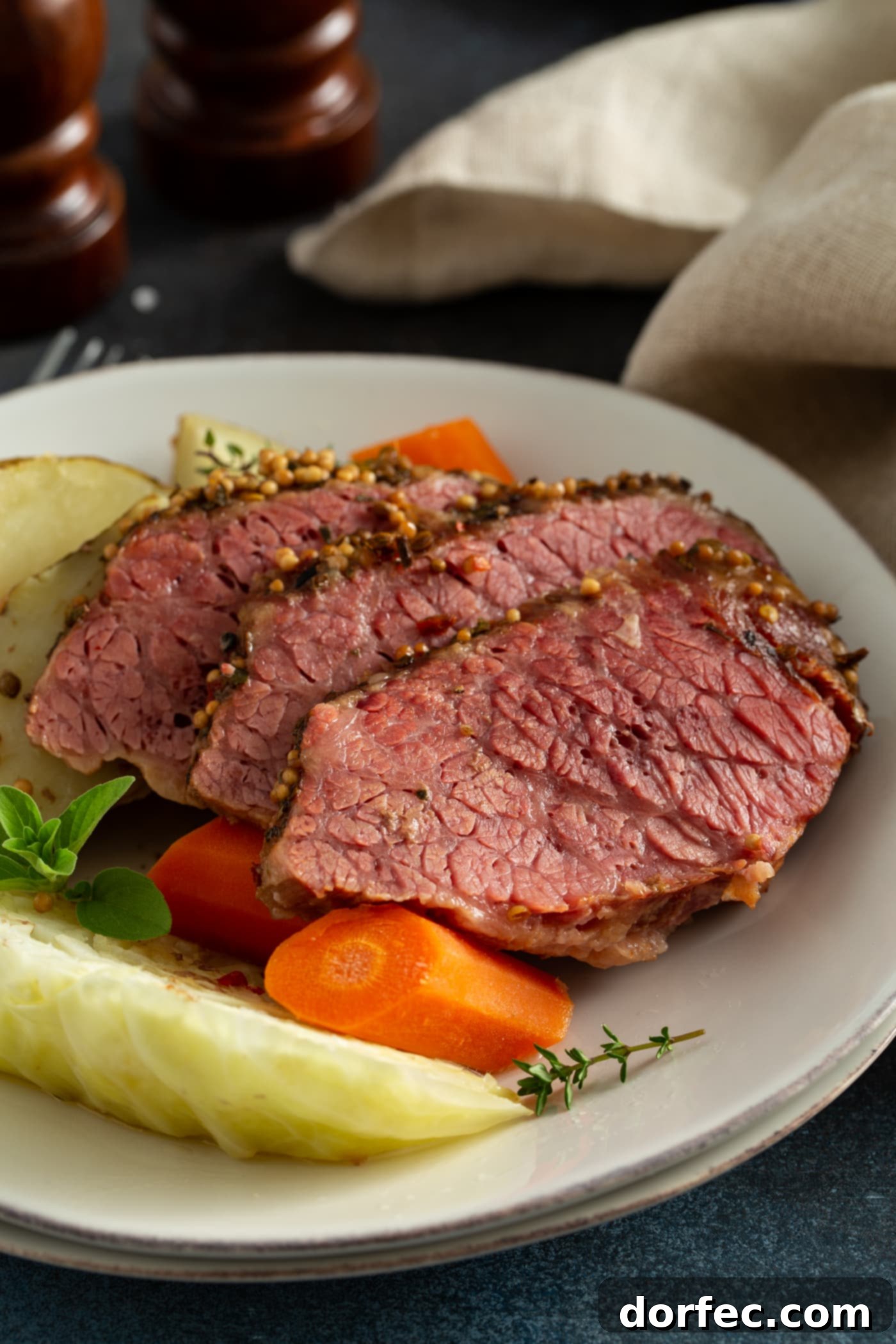 Slow Cooker Corned Beef and Cabbage Three slices of corned beef next to carrots and potatoes and cabbage, all on a white serving plate. There are sprigs of green herbs on top.