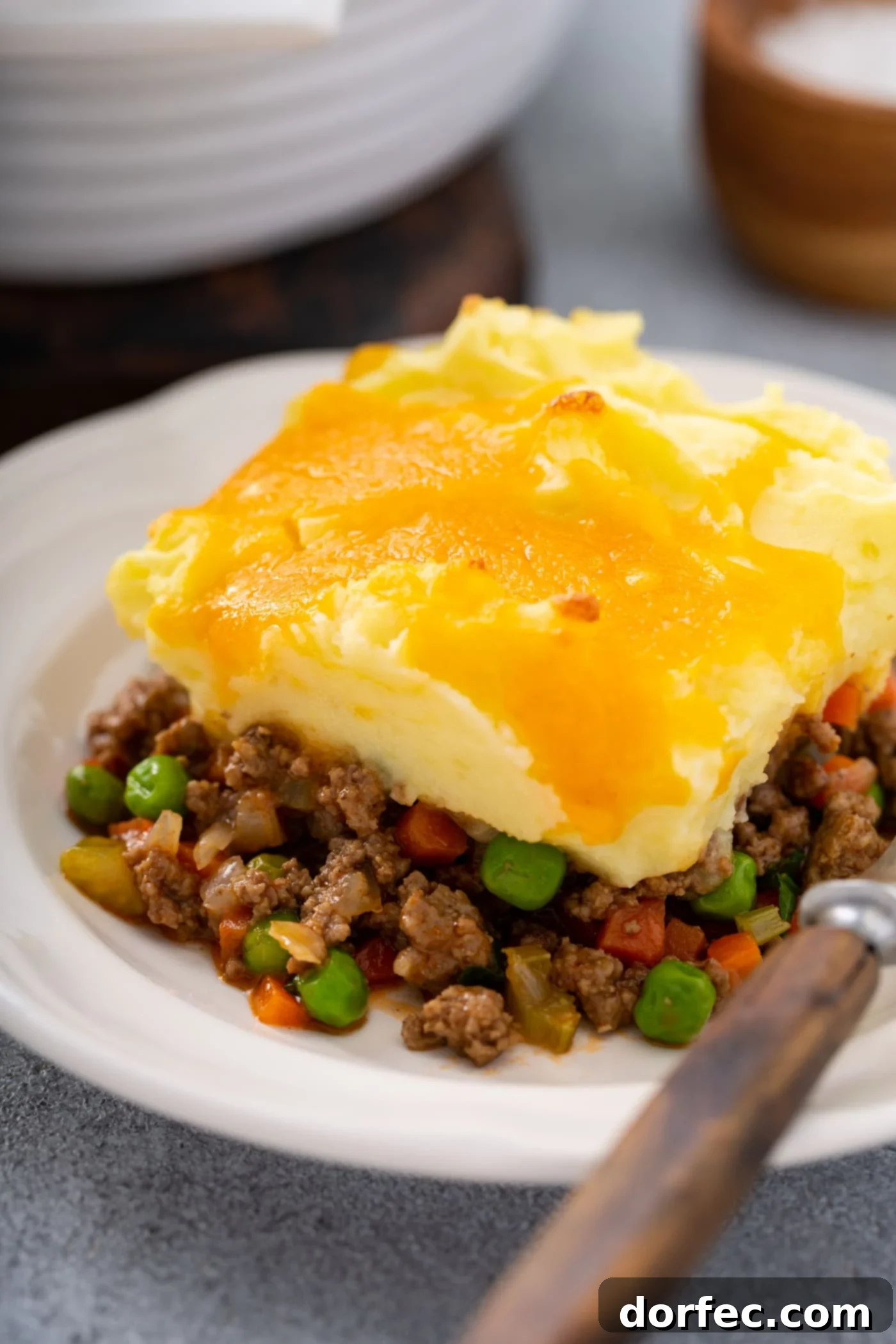 A serving of shepherd's pie on a white plate. there is a fork resting next to it on the plate.