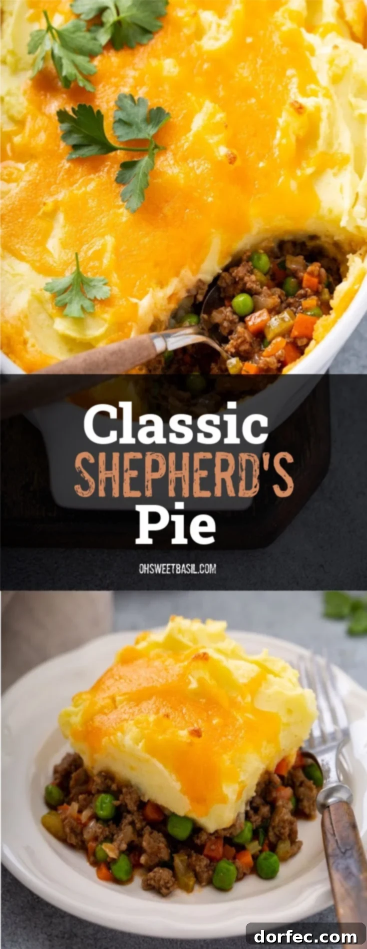 A casserole dish containing shepherd's pie with one spoonful removed and the serving spoon resting in the dish. You can see hamburger, carrots, and peas in the pie and it is topped with mashed potatoes, and melted cheddar cheese. There is a few parsley leaves on top.
