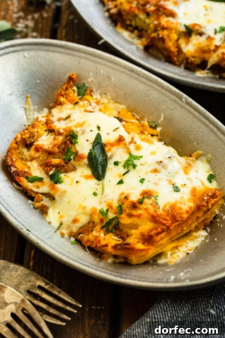 Browned Butter Pork and Butternut Squash Lasagna 4 A delectable serving of pork and butternut squash lasagna on a white plate, showcasing its rich, melted cheese topping and enticing layers.