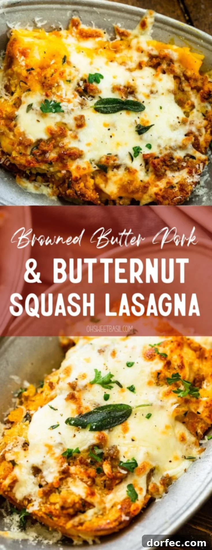 Browned Butter Pork and Butternut Squash Lasagna 7 A beautifully presented large serving of browned butter pork and butternut squash lasagna in a rustic dish, garnished with fresh parsley and sage, ready to be carved and served.