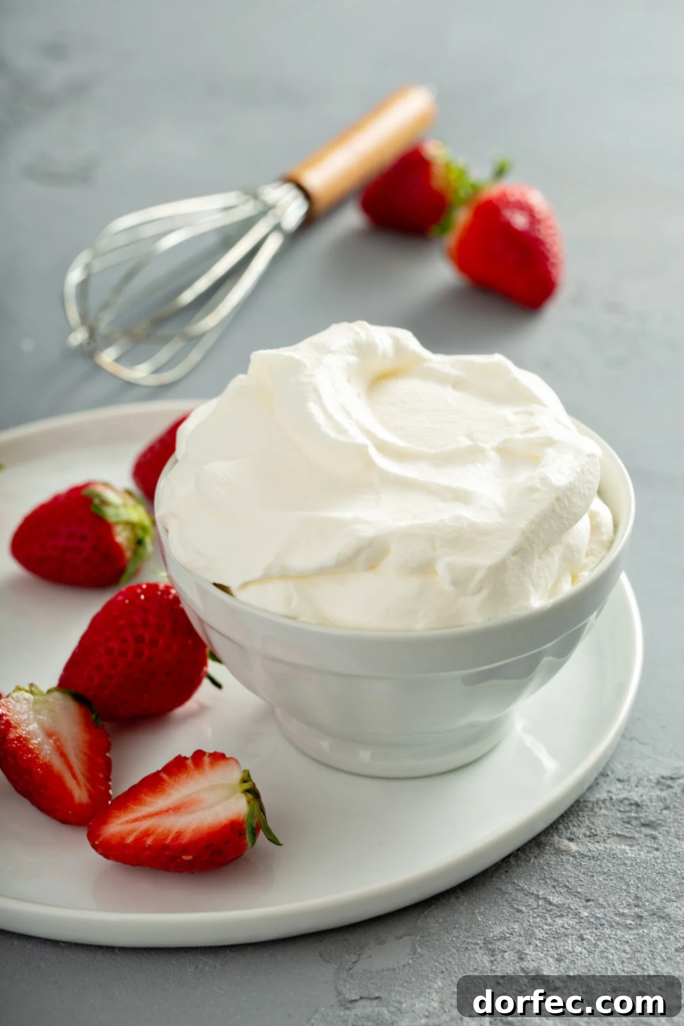 A beautiful bowl of freshly made homemade whipped cream, elegantly garnished with vibrant red strawberries, sits on a pristine white plate. A wire whisk and additional strawberries are artfully arranged in the soft-focus background, highlighting the cream's irresistible texture.