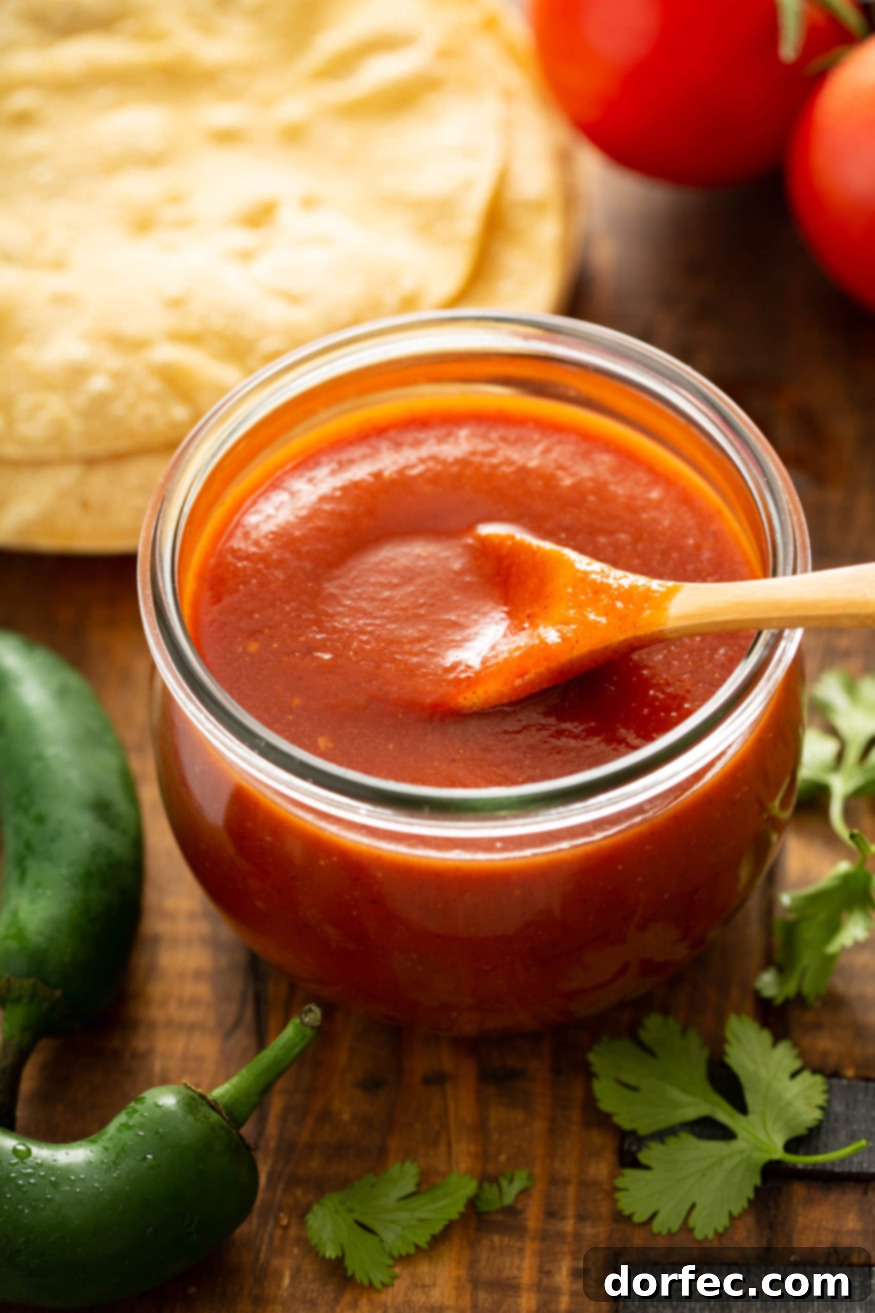 A glass container with a wooden spoon. The container is filled with vibrant red homemade enchilada sauce, surrounded by fresh tortillas, green chilies, and cilantro leaves, ready for making delicious enchiladas.
