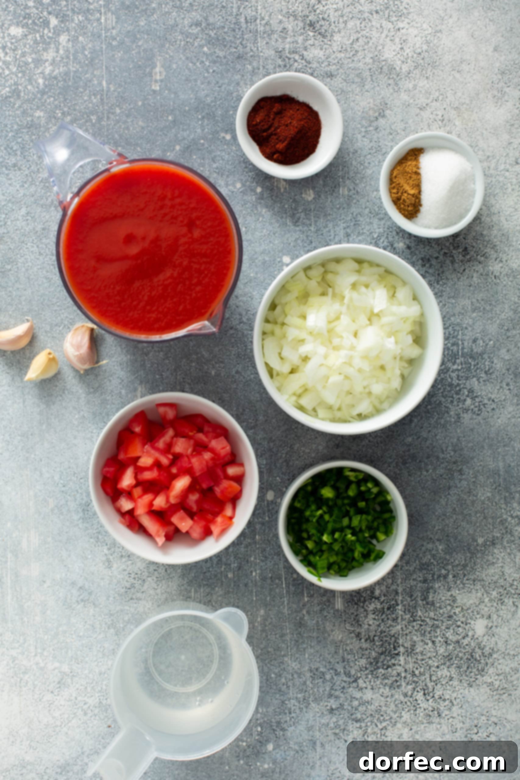 Small containers holding freshly chopped onion, seeded and chopped jalapeno, diced tomatoes, a selection of aromatic spices, and a few cloves of minced garlic, all prepped for making enchilada sauce.