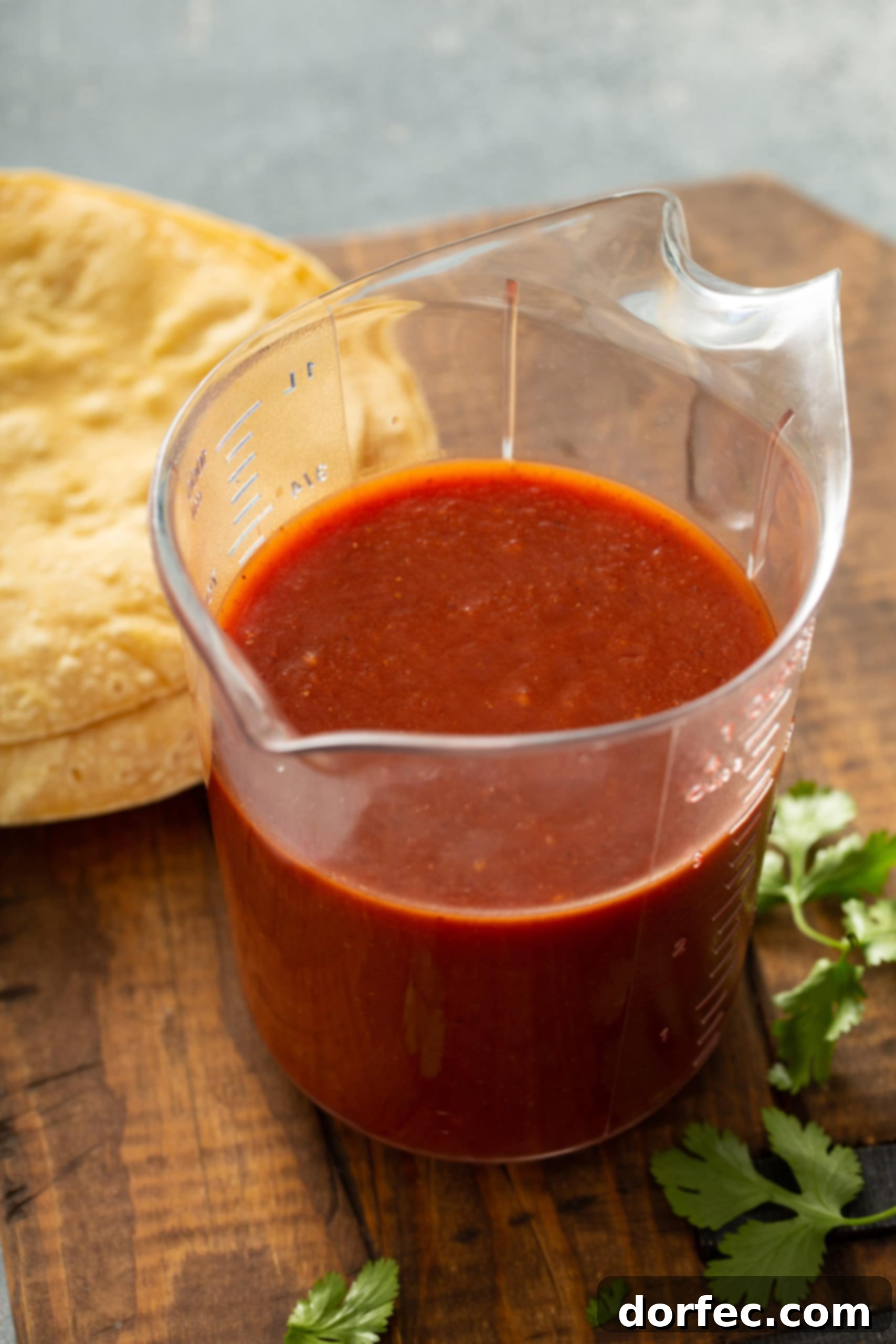 A clear glass measuring cup holds rich, homemade red enchilada sauce. In the soft-focused background, a stack of warm tortillas and fresh cilantro leaves hint at the delicious meal to come.