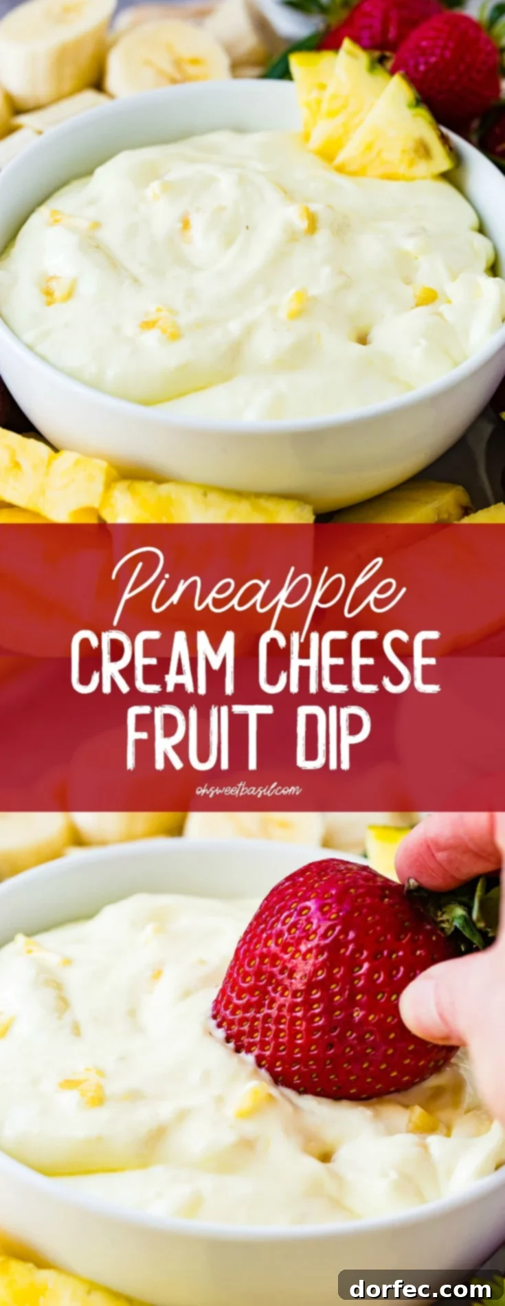 A beautifully presented bowl of pineapple fruit dip, adorned with three inviting pineapple chunks on its rim. Delicate bits of pineapple are visible throughout the creamy dip. The bowl is artfully placed on a serving tray, generously surrounded by an appealing assortment of sliced bananas, plump red grapes, additional pineapple chunks, and whole, ripe strawberries, creating a vibrant and tempting fruit spread.