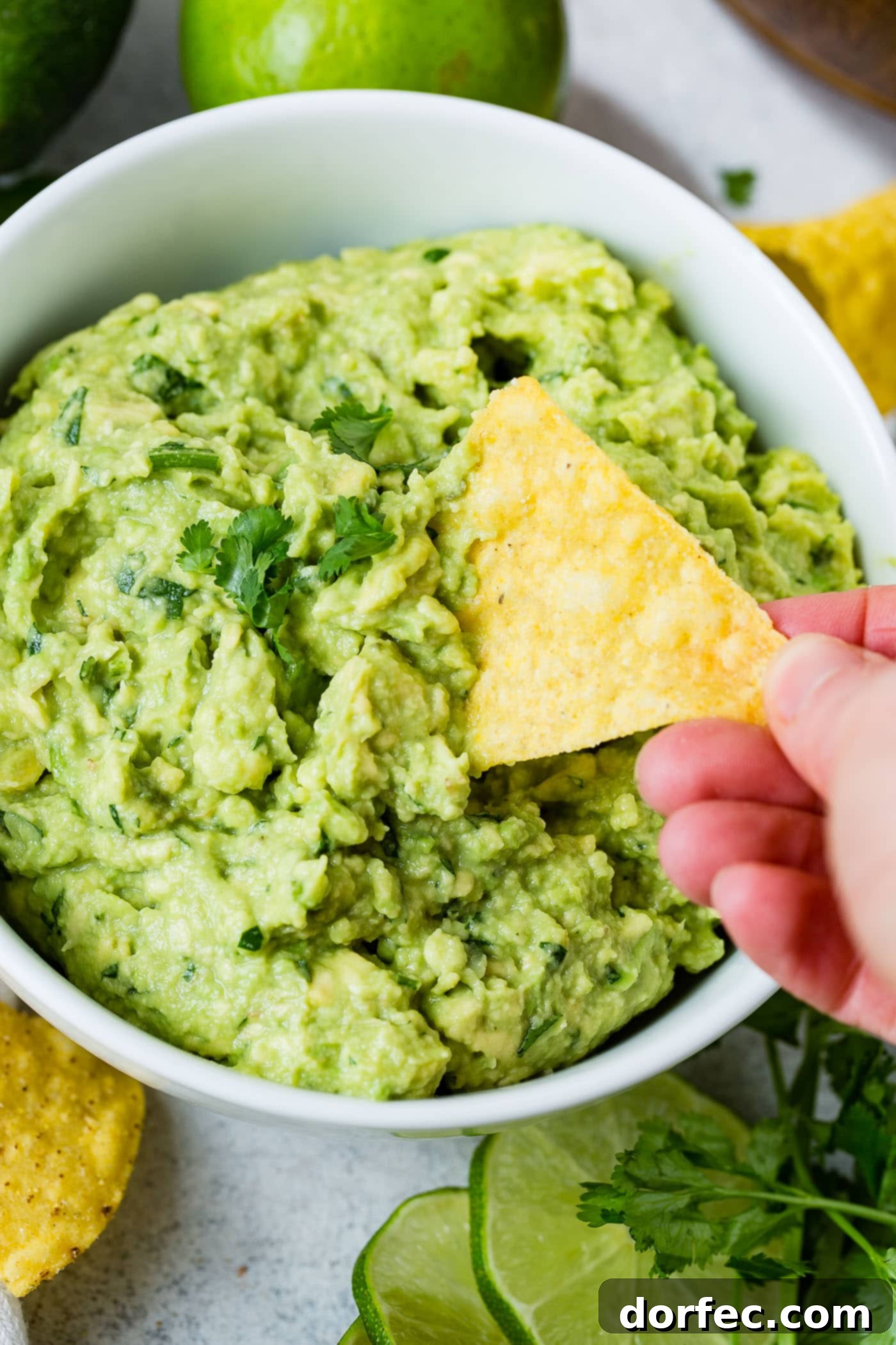 A crisp tortilla chip poised to scoop a generous dollop of fresh, vibrant green guacamole, adorned with a few cilantro leaves, demonstrating the irresistible appeal of this homemade dip.