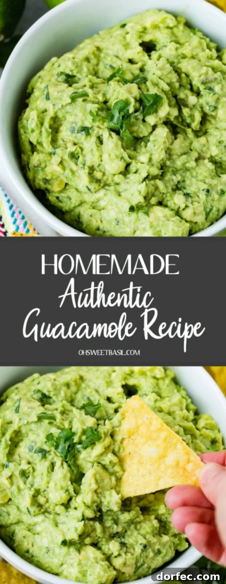 A beautifully arranged white bowl of fresh, authentic guacamole, garnished with vibrant cilantro leaves. Golden tortilla chips and slices of fresh lime are casually placed around it, creating an inviting visual for a delicious dip.