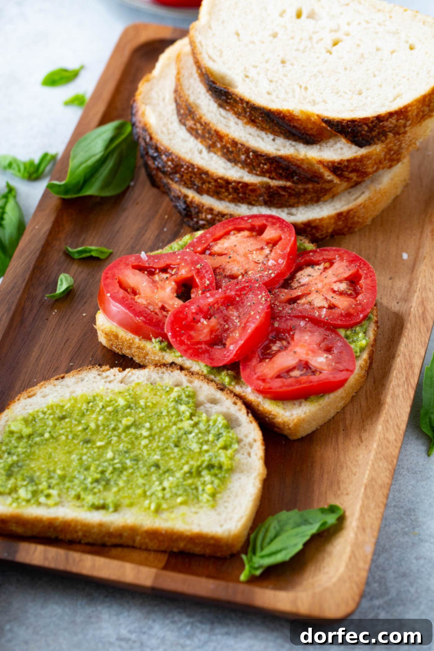 A stack of four slices of bread in the background with a slice of bread that has arugula and five slices of tomatoes on top. Another slice of bread that has been spread with pesto is laying next to it. There are basil leaves scattered on the wooden tray.