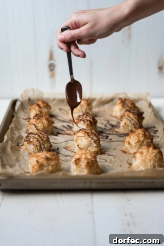 classic coconut macaroons with chocolate drizzle