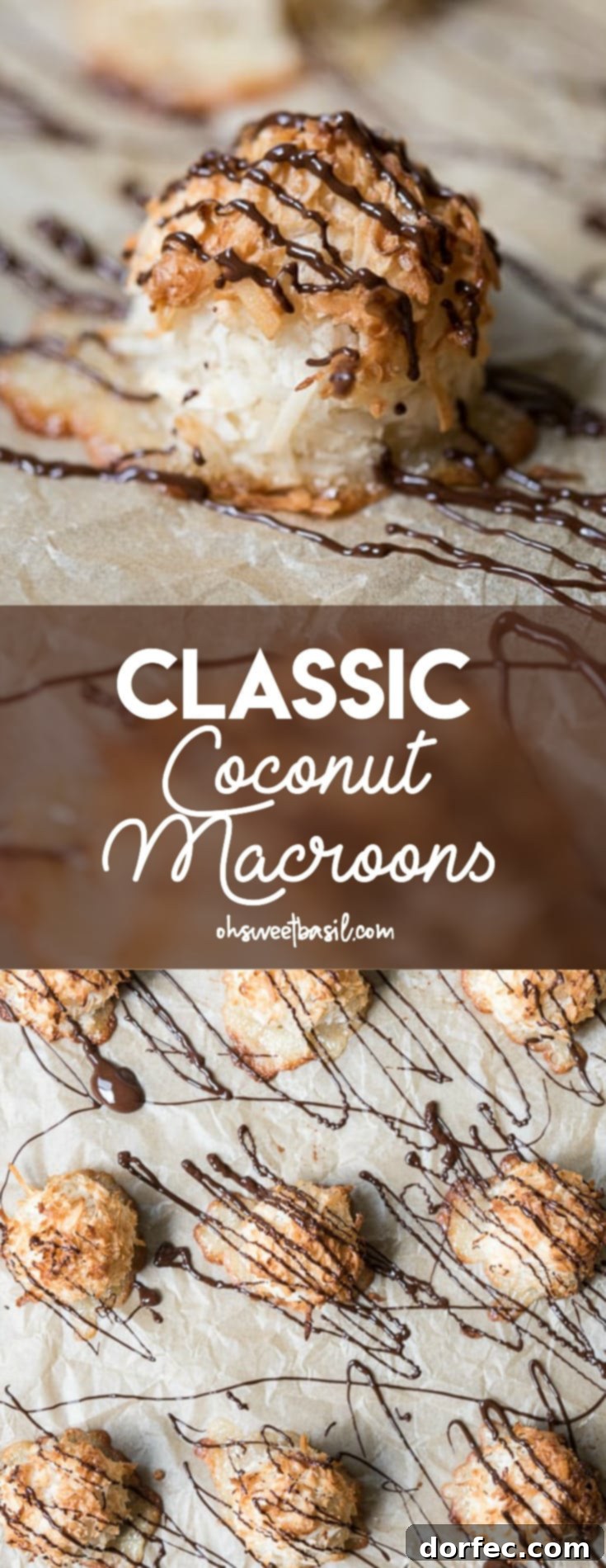 Classic Coconut Macaroons on a baking sheet drizzled with chocolate