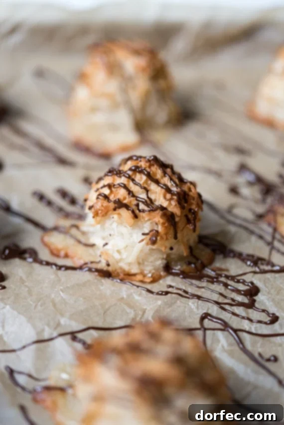 close-up of chocolate drizzled coconut macaroons