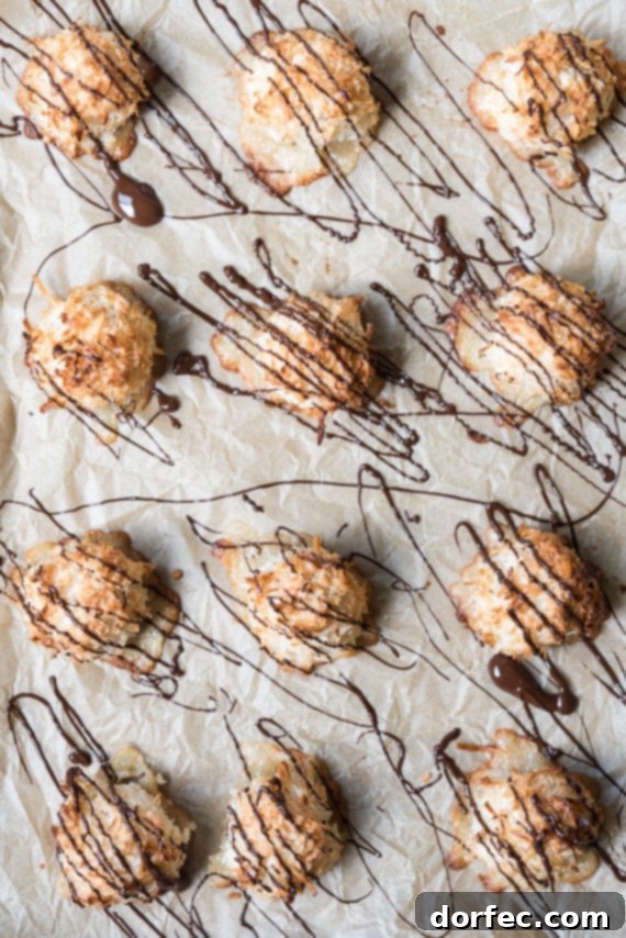 various angles of coconut macaroons with chocolate drizzle