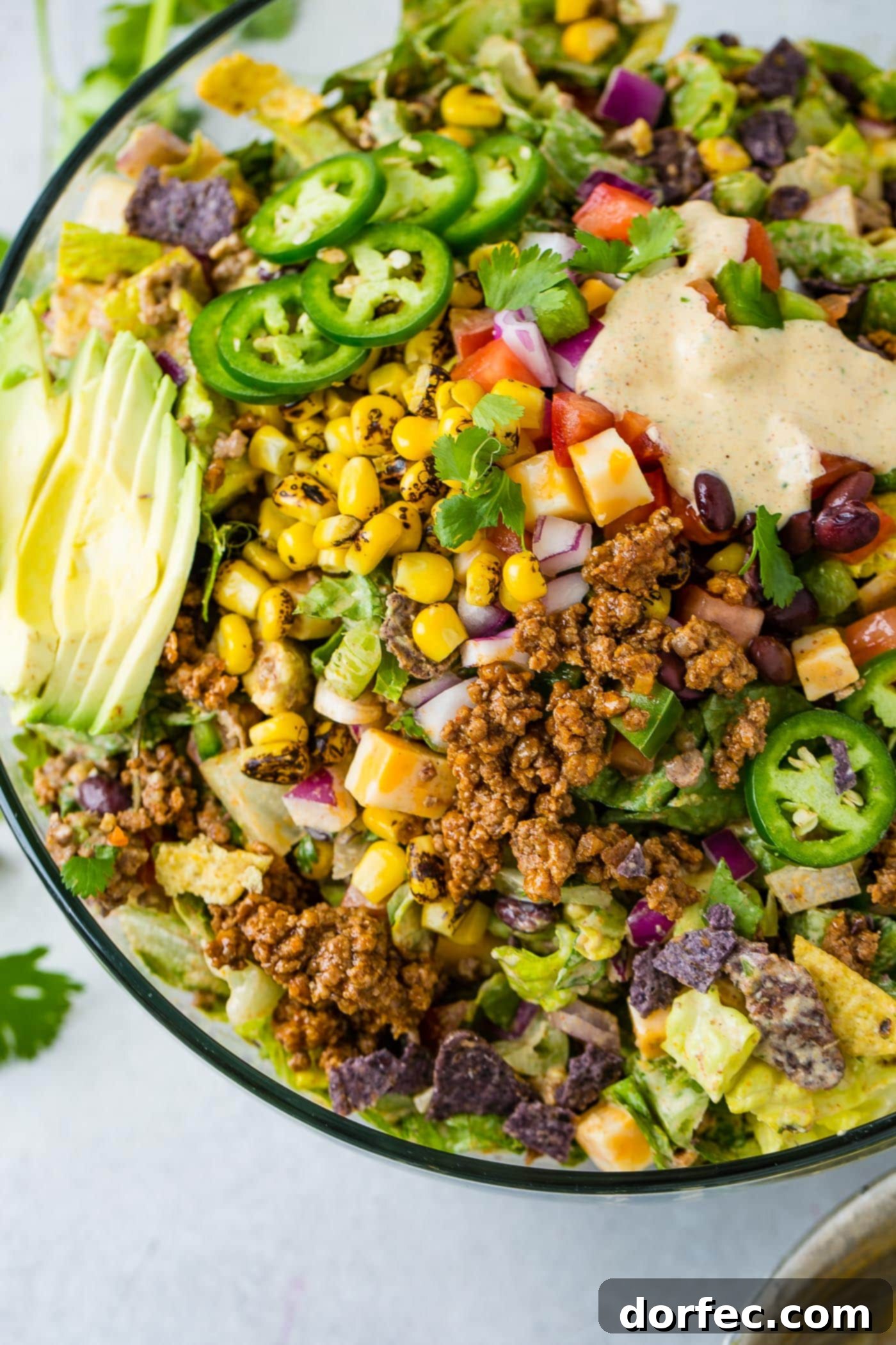 A large bowl of tex-mex taco salad. It is loaded with tomatillas, lettuce, roasted corn, cilantro, meat, and chips. a little dressing is in the upper corner of the salad.