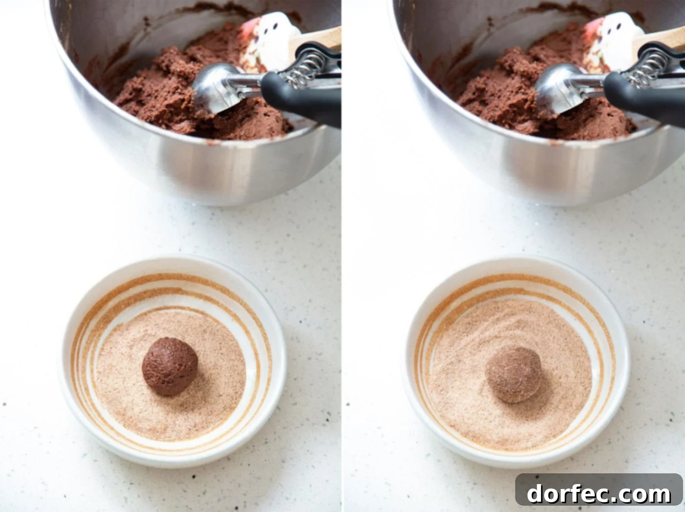 Hands rolling chocolate cookie dough into small balls, coated in cinnamon sugar