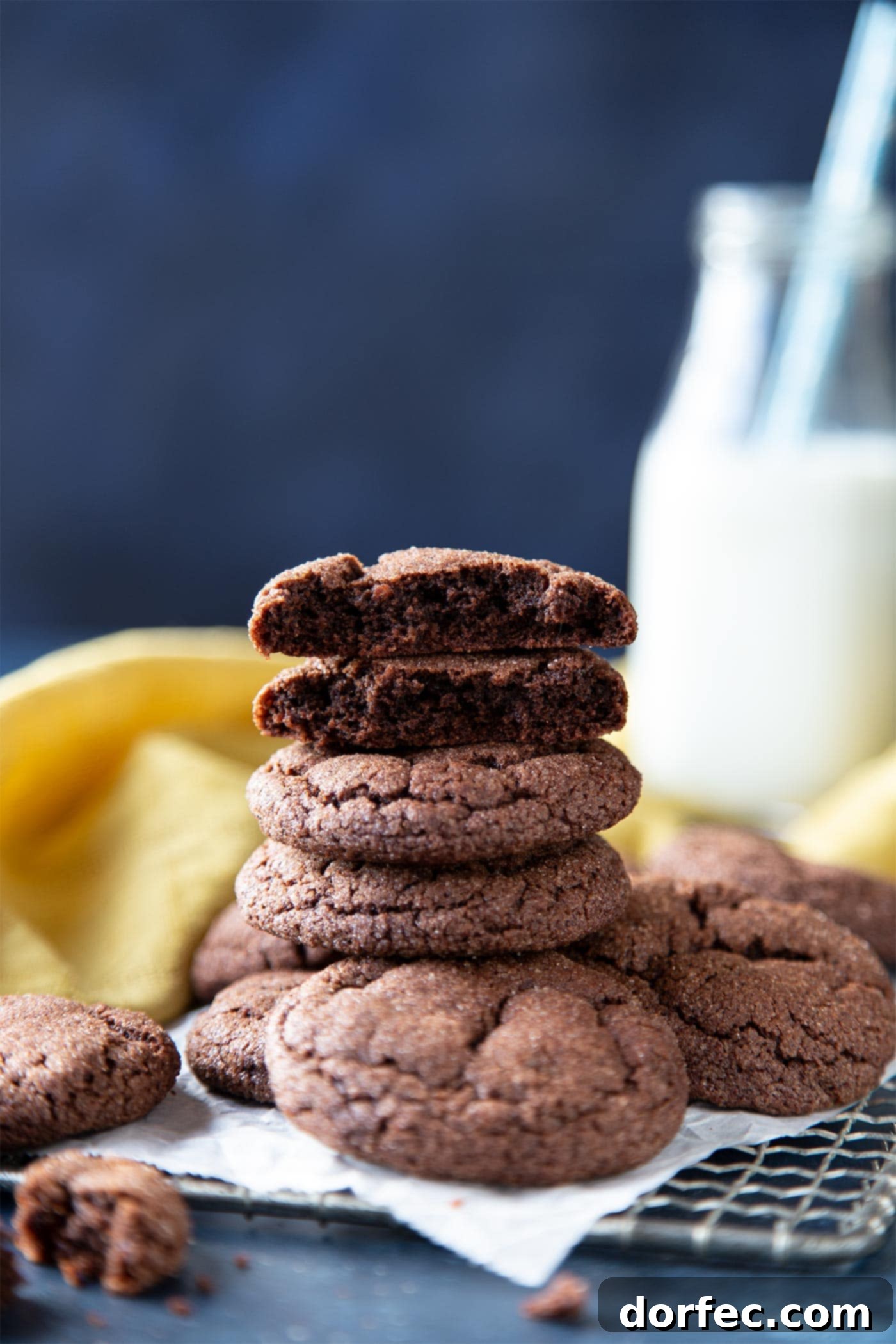 A stack of golden-brown chocolate snickerdoodle cookies, perfectly coated with cinnamon sugar, on a metal cooling rack