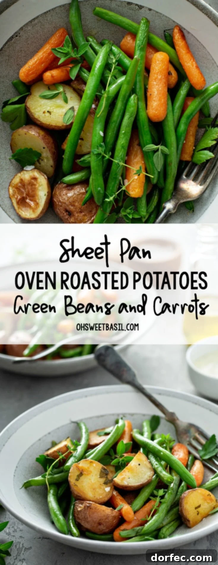 A dinner plate featuring a hearty portion of garlic herb roasted vegetables, including potatoes, carrots, and green beans, with a fork poised for enjoyment. A serving bowl filled with more roasted vegetables, a small container of salt, and a glass container of oil are visible in the soft-focus background.