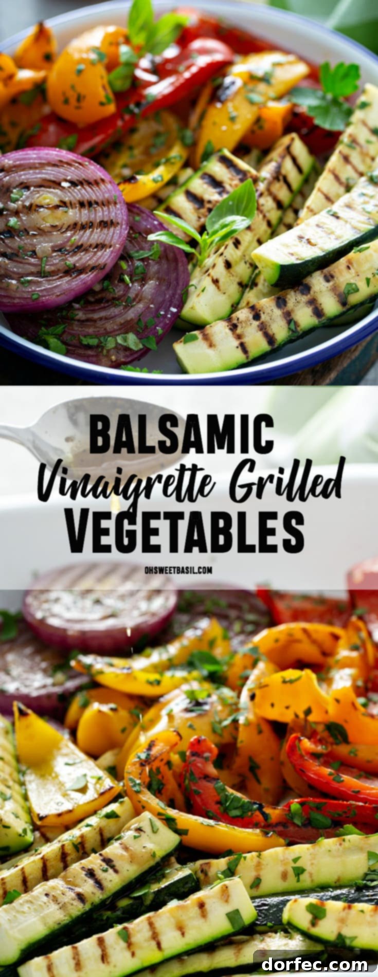 A serving dish of grilled veggies. The zucchini wedges, sliced red onions, and red and yellow bell peppers have perfect grill marks. and the veggies have a few parsley leaves scattered on top.