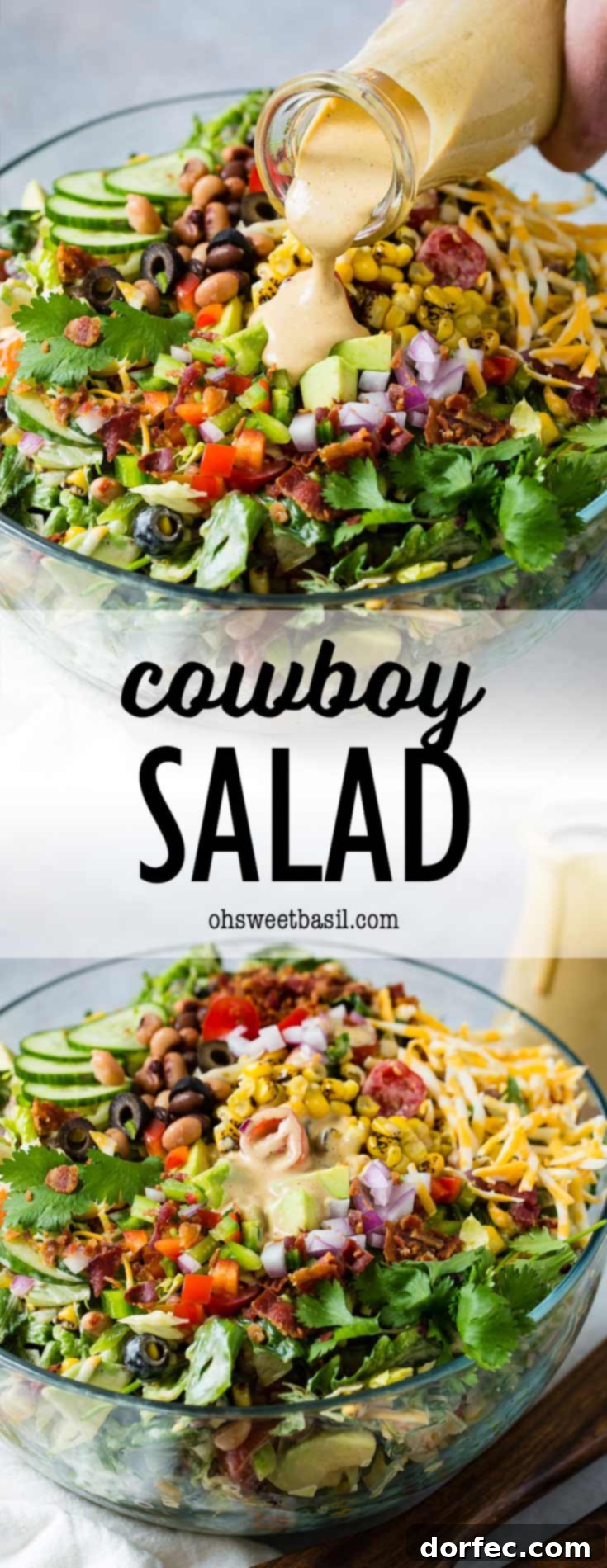 a bowl of salad with veggies, cheese and bacon with a bbq salad dressing being poured on top