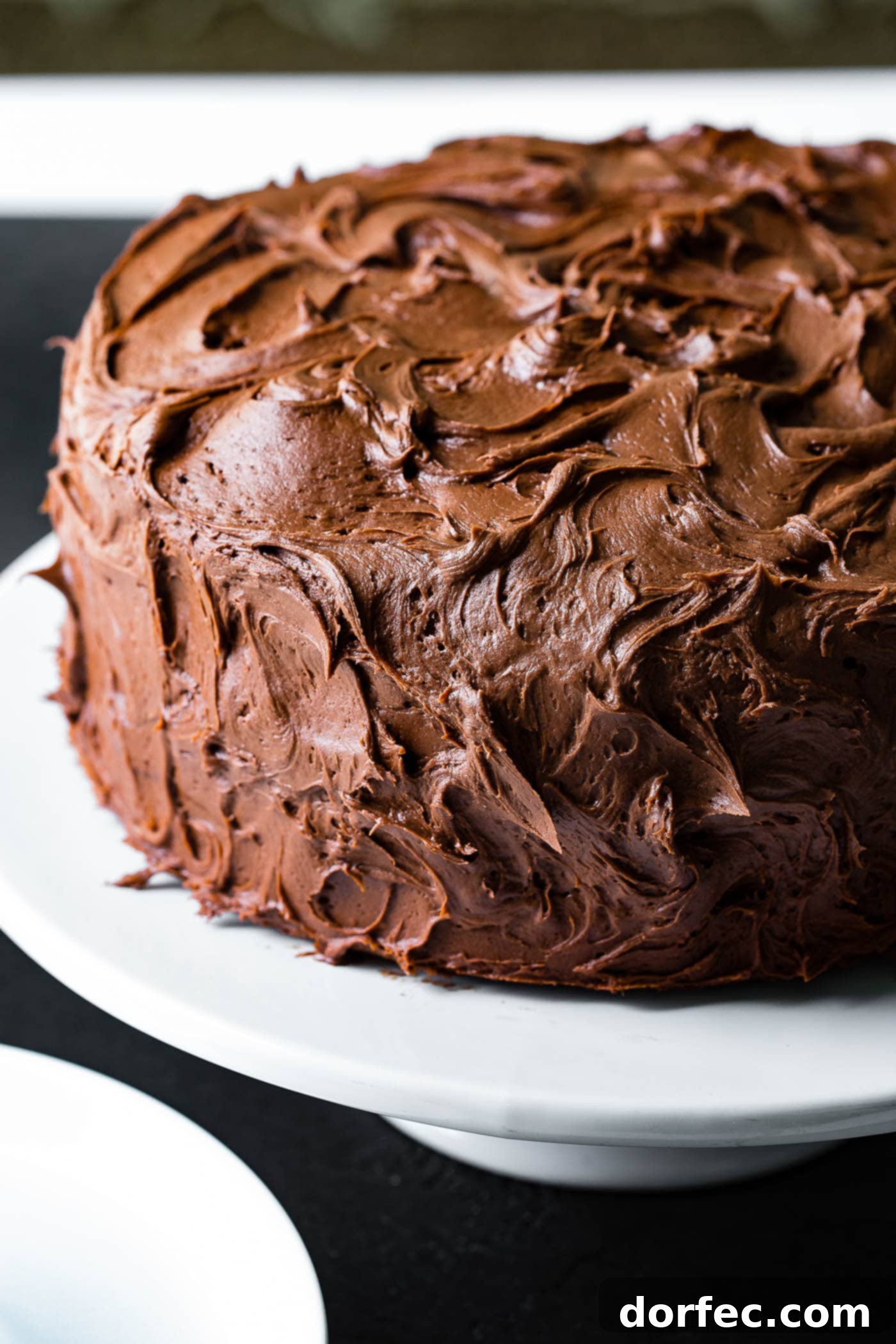 A generous, indulgent slice of layered chocolate cake, featuring rich, fudgy frosting that melts in your mouth.