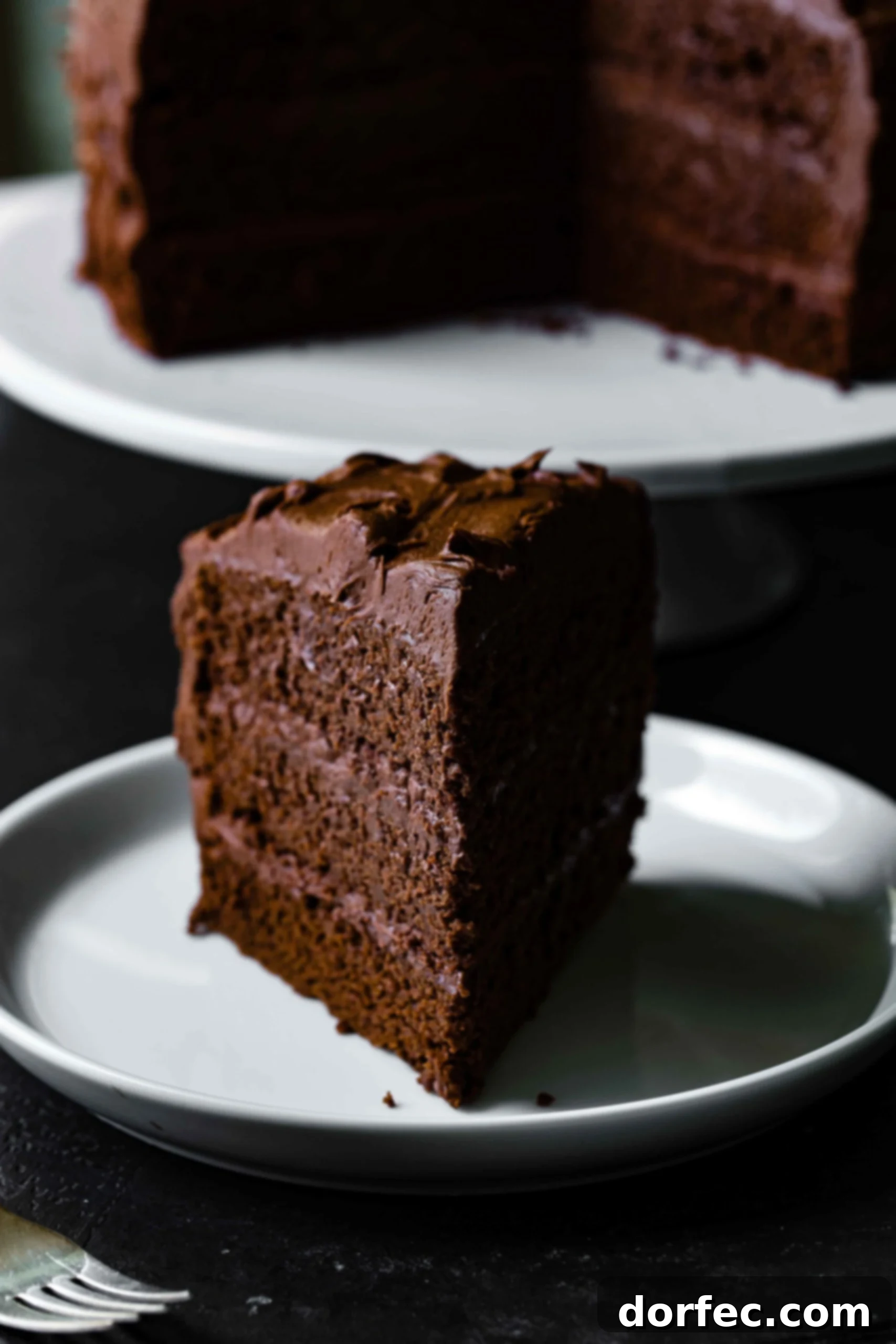 A beautiful slice of chocolate layer cake covered in luscious chocolate frosting. The frosting is spread generously between each layer, on top, and around the sides of the cake. A full chocolate cake sits on a cake plate in the background.