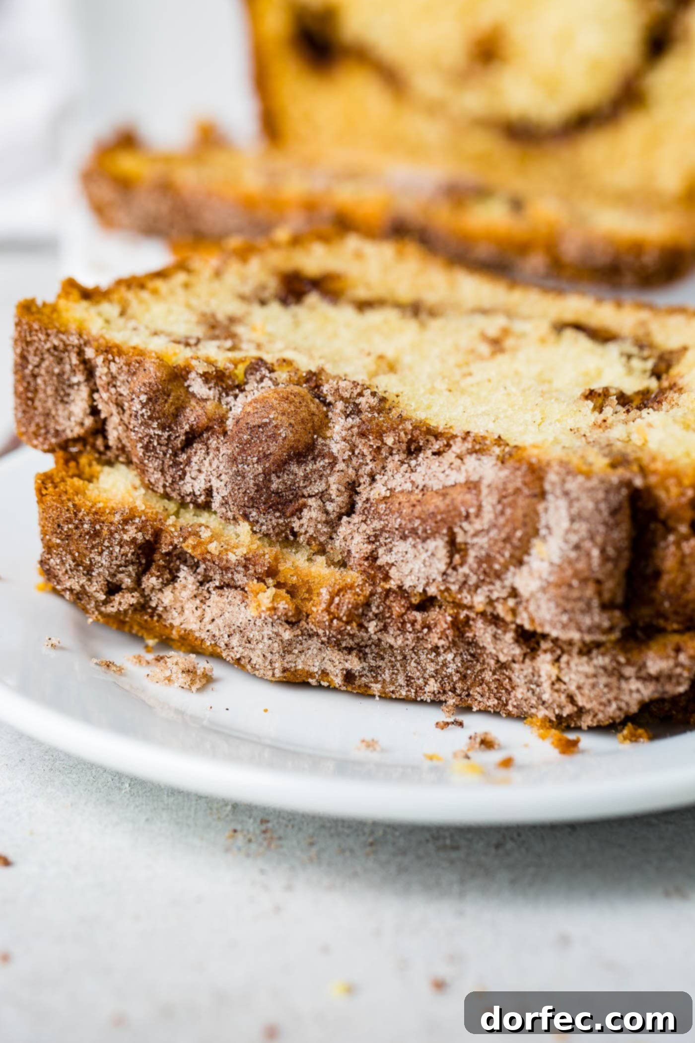 Cinnamon Sugar Swirl Loaf 5 Two enticing slices of Snickerdoodle Bread, stacked neatly, with more of the delicious loaf visible in the background, emphasizing its rich texture and cinnamon layers.