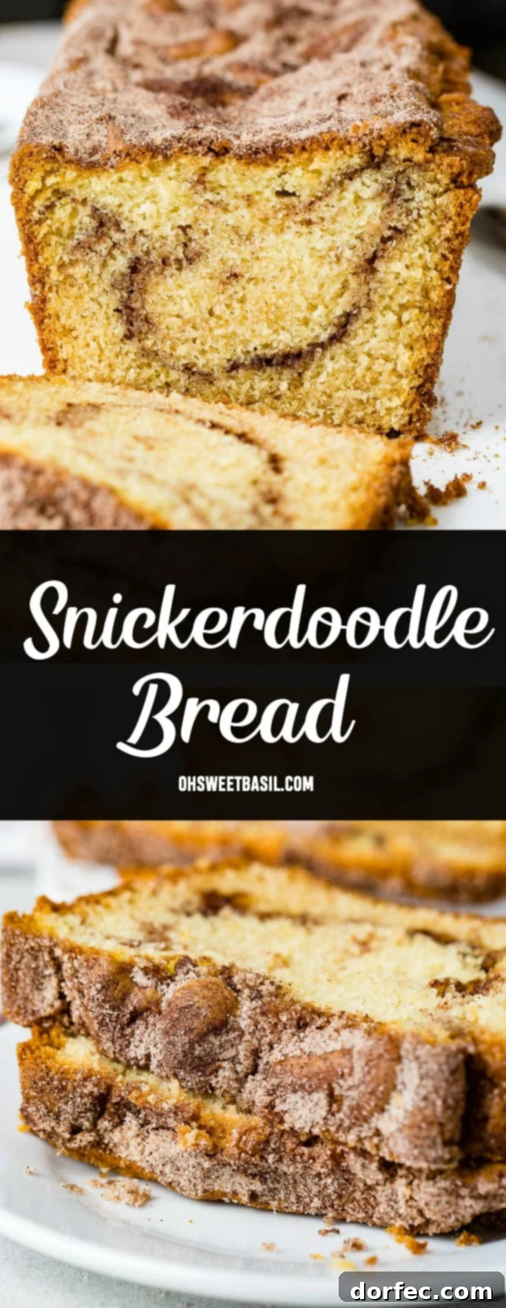 Cinnamon Sugar Swirl Loaf 7 A beautifully baked loaf of Snickerdoodle Bread, partially sliced to showcase the rich cinnamon sugar swirl within. The crust is perfectly golden with a sweet, crisp topping.
