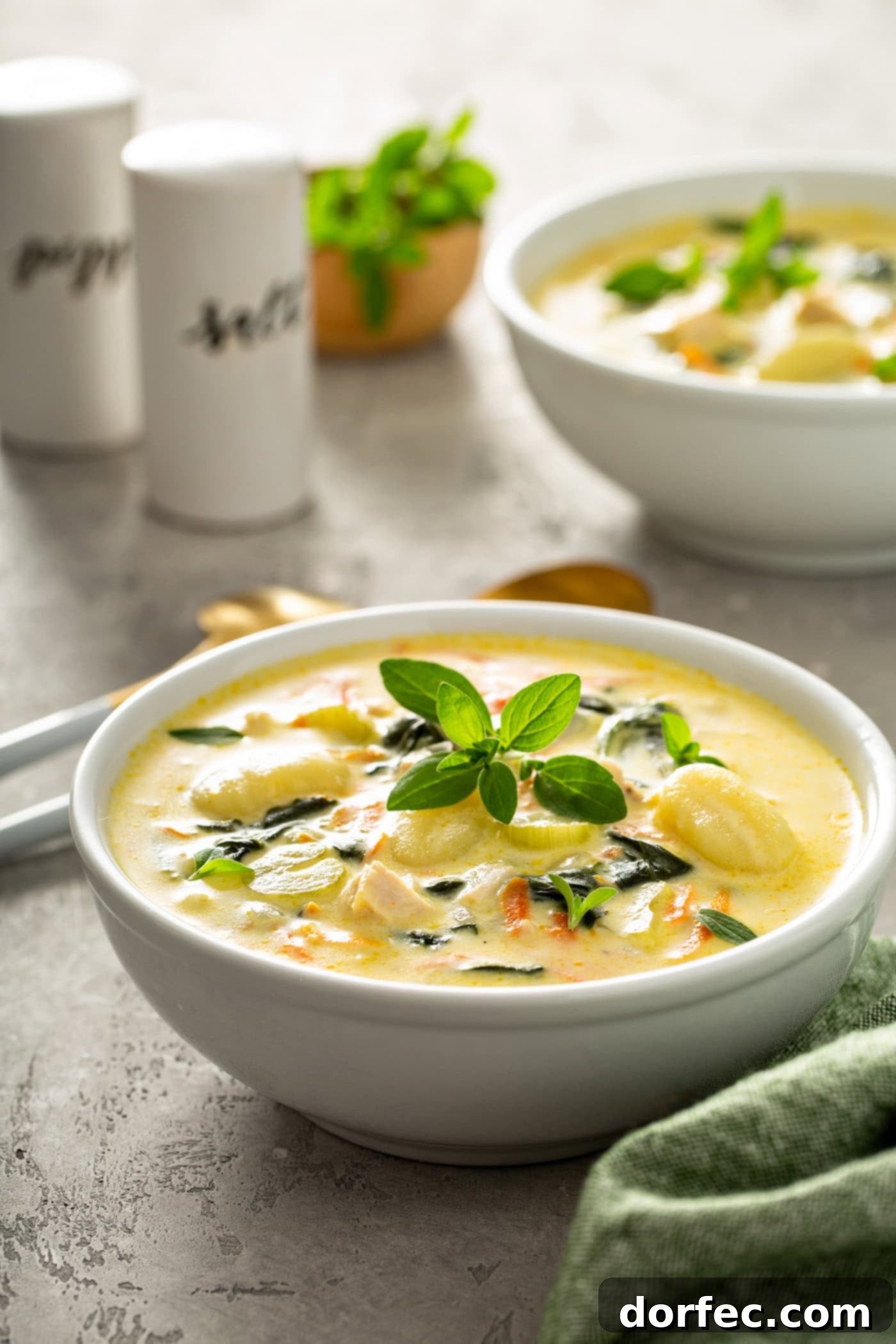 Olive Garden Gnocchi Chicken Soup Two bowls of copycat Olive Garden chicken gnocchi soup. The soup has shredded carrots, gnocchi, celery and spinach in a creamy soup. Fresh herbs are sprinkled on top, and two soup spoons, salt and pepper shakers, and a green napkin are on the table next to the soup.