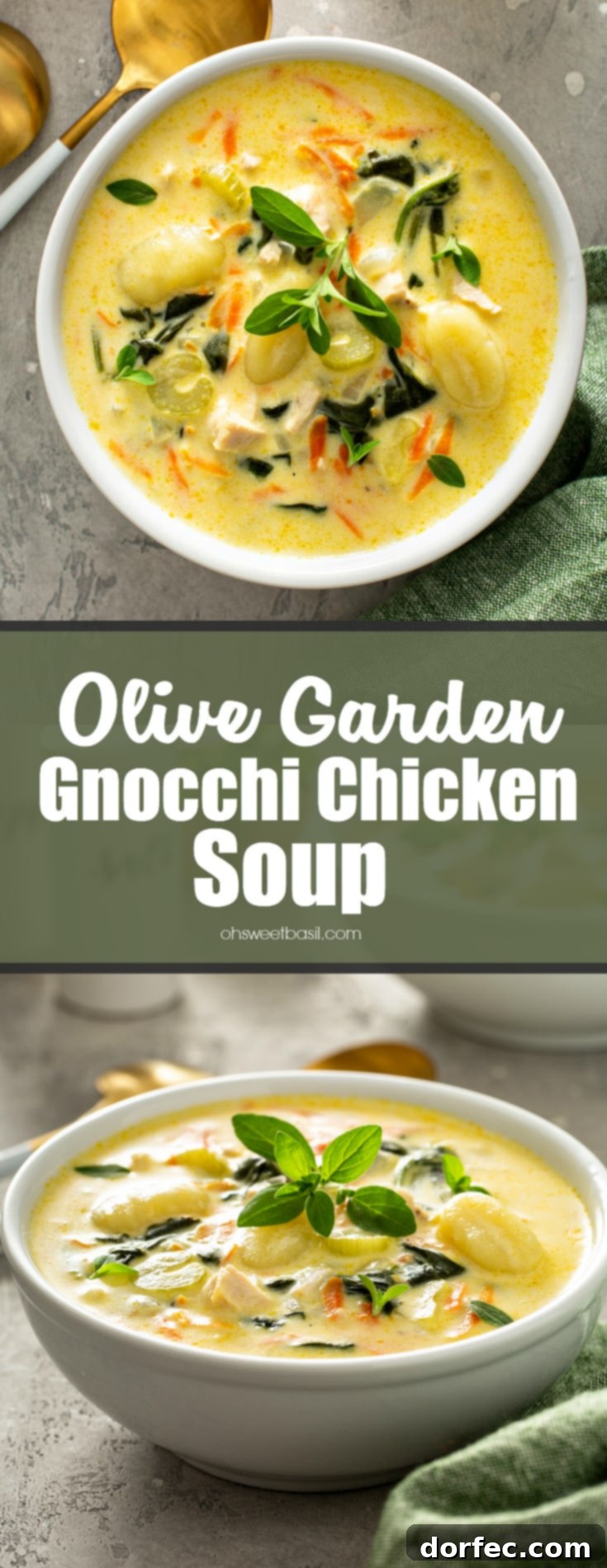 Olive Garden Creamy Chicken Gnocchi Soup 3 Two bowls of copycat Olive Garden chicken gnocchi soup. The soup has shredded carrots, gnocchi, celery and spinach in a creamy soup. Fresh herbs are sprinkled on top, and two soup spoons, salt and pepper shakers, and a green napkin are on the table next to the soup.