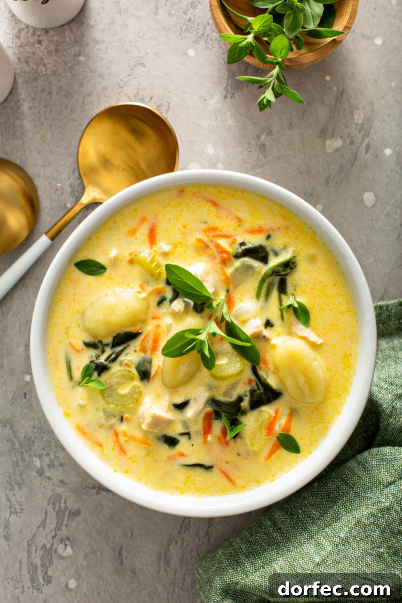 Olive Garden Gnocchi Chicken Soup A bowl of Copycat Olive Garden chicken gnocchi soup. There are shredded carrots, spinach, chicken and gnocchi in the creamy soup. Two soup spoons are next to the bowl of soup.