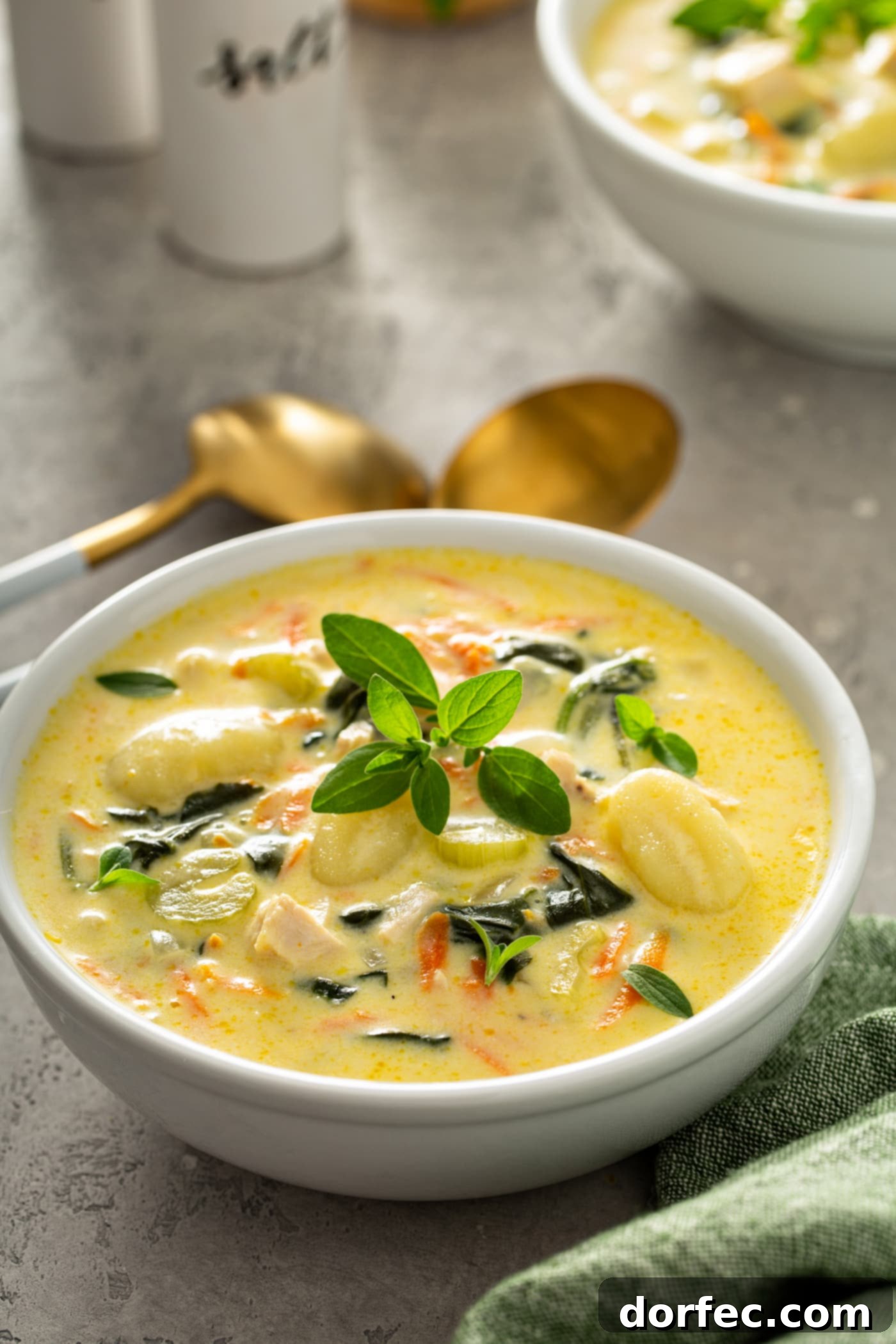 Olive Garden Gnocchi Chicken Soup A bowl of copycat gnocchi soup. There are shredded carrots, gnocchi, celery, and chicken in a creamy soup. Two soup spoons are next to the bowl of soup and a sprig fresh herbs tops the soup.