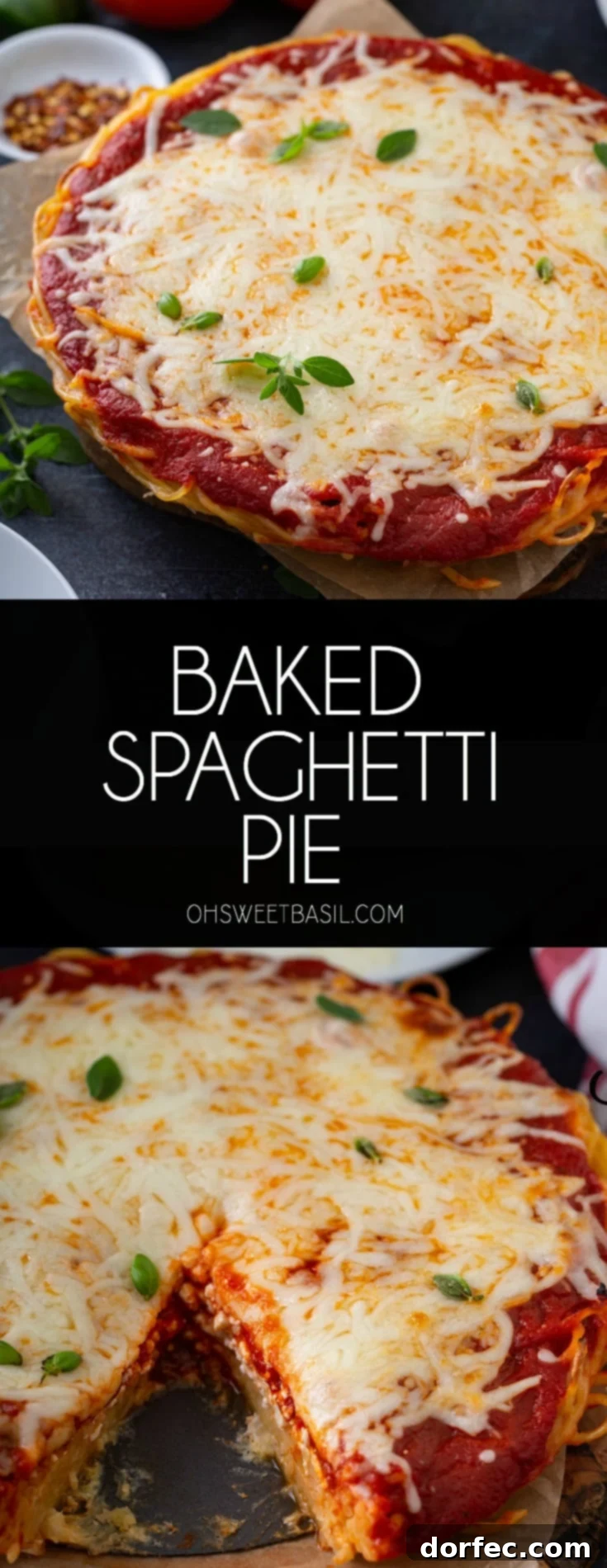A baked spaghetti pie in a pie dish. There are layers of spaghetti, sauce, and melted cheese. Fresh basil is sprinkled on top and three tomatoes, olive oil, a container of dried red pepper flakes, and dinner plates are next to the spaghetti pie.