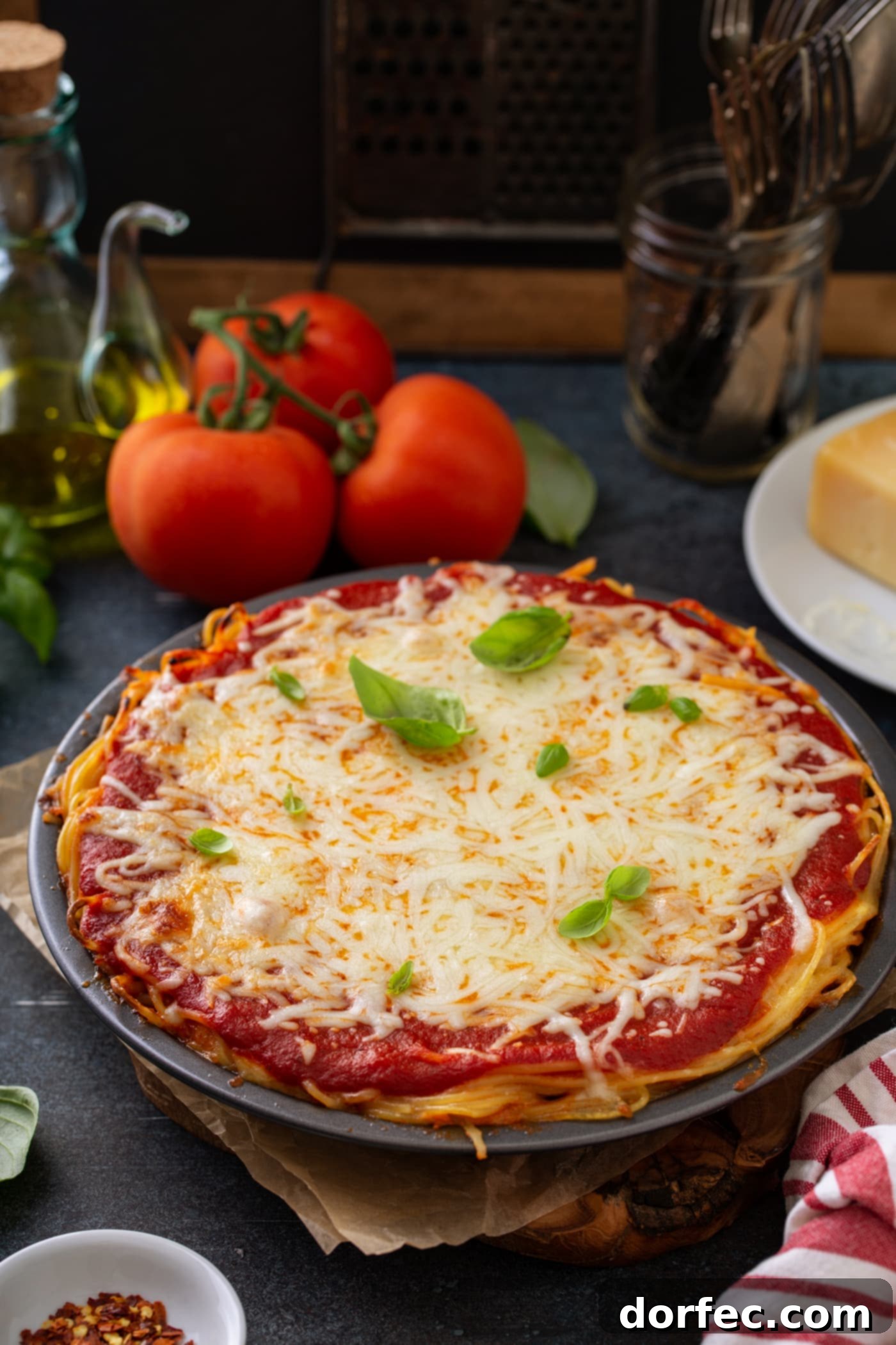 A pie dish filled with baked spaghetti pie. There are layers of spaghetti, spaghetti sauce and melted cheeses. and a few basil leaves on top. Three tomatoes, olive oil and bay leaves are in the background.
