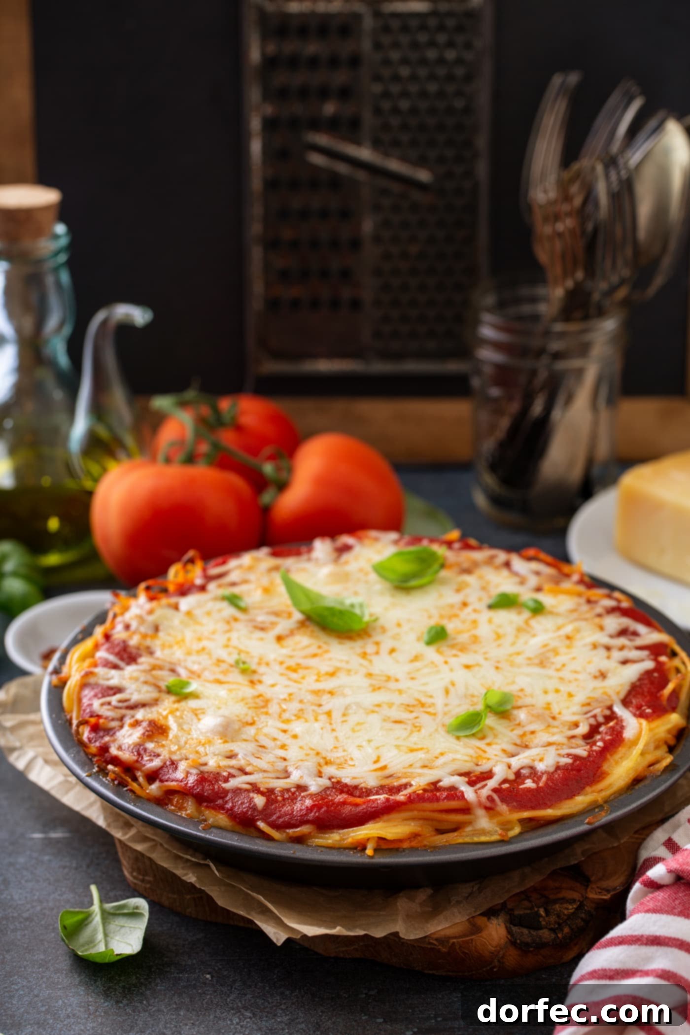 A pie dish filled with baked spaghetti pie. There are layers of spaghetti noodles, spaghetti sauce and melted cheeses. There are a few basil leaves on top and three tomatoes, olive oil, cheese, and a jar of forks in the background.