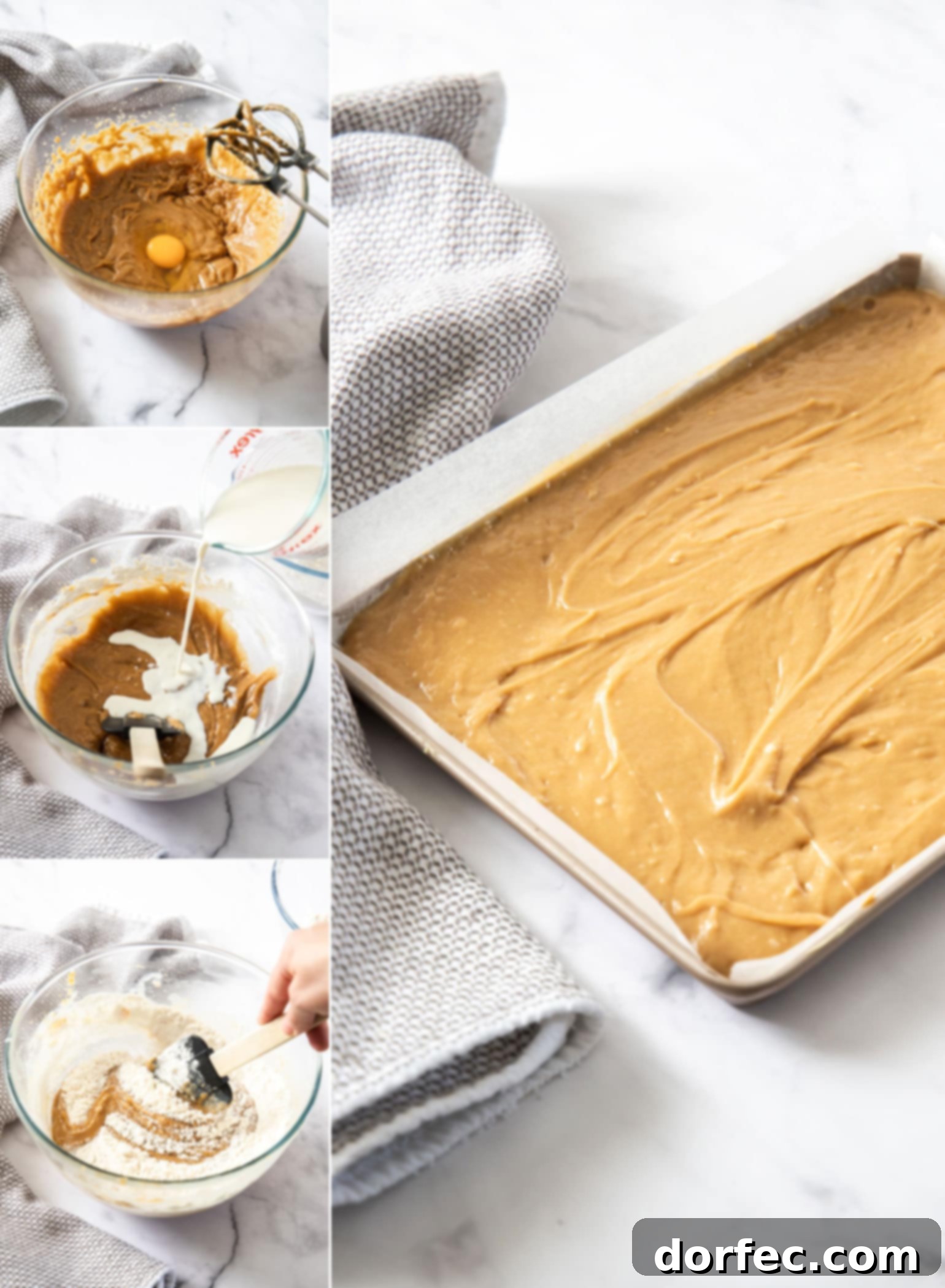 Ultimate Peanut Butter Sheet Cake 4 A visual guide showing a step-by-step montage of how to prepare the Peanut Butter Sheet Cake, from mixing ingredients to pouring batter into the pan.