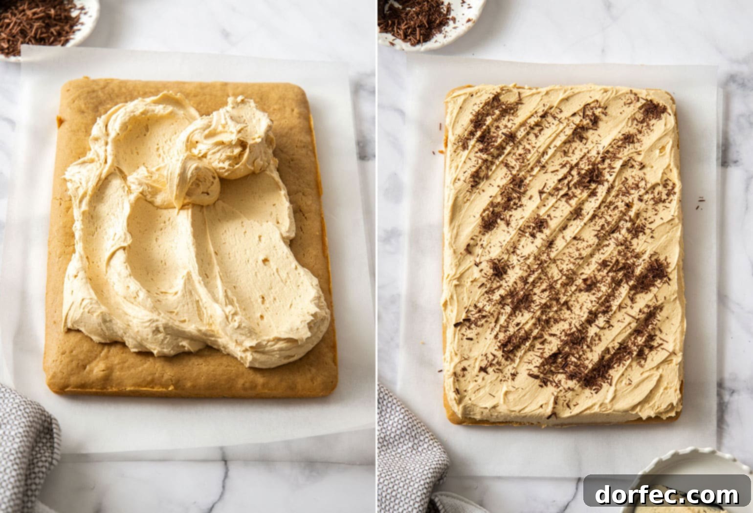 Ultimate Peanut Butter Sheet Cake 5 Two enticing images showcasing the rich, creamy peanut butter frosting lavishly spread over the baked sheet cake, ready to be enjoyed.