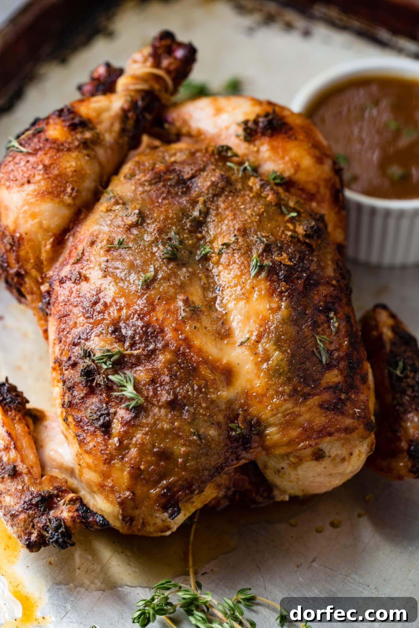 A perfectly smoked whole chicken cooked to a deep golden-brown hue, garnished with fresh thyme sprigs. A small side of rich gravy sits beside it, ready to be enjoyed.