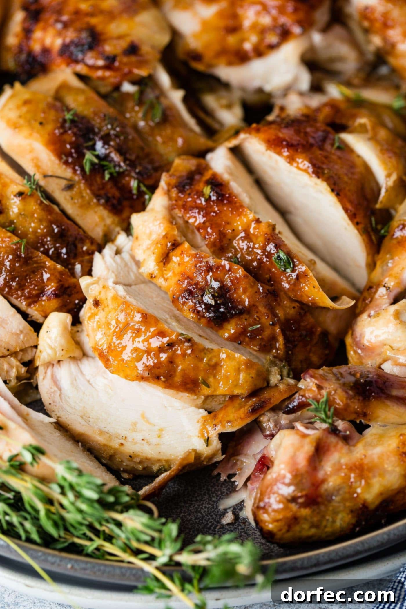 A perfectly carved smoked chicken, with juicy slices arranged on a platter. Fresh thyme sprigs are nestled alongside the chicken, hinting at the aromatic flavors infused during smoking.
