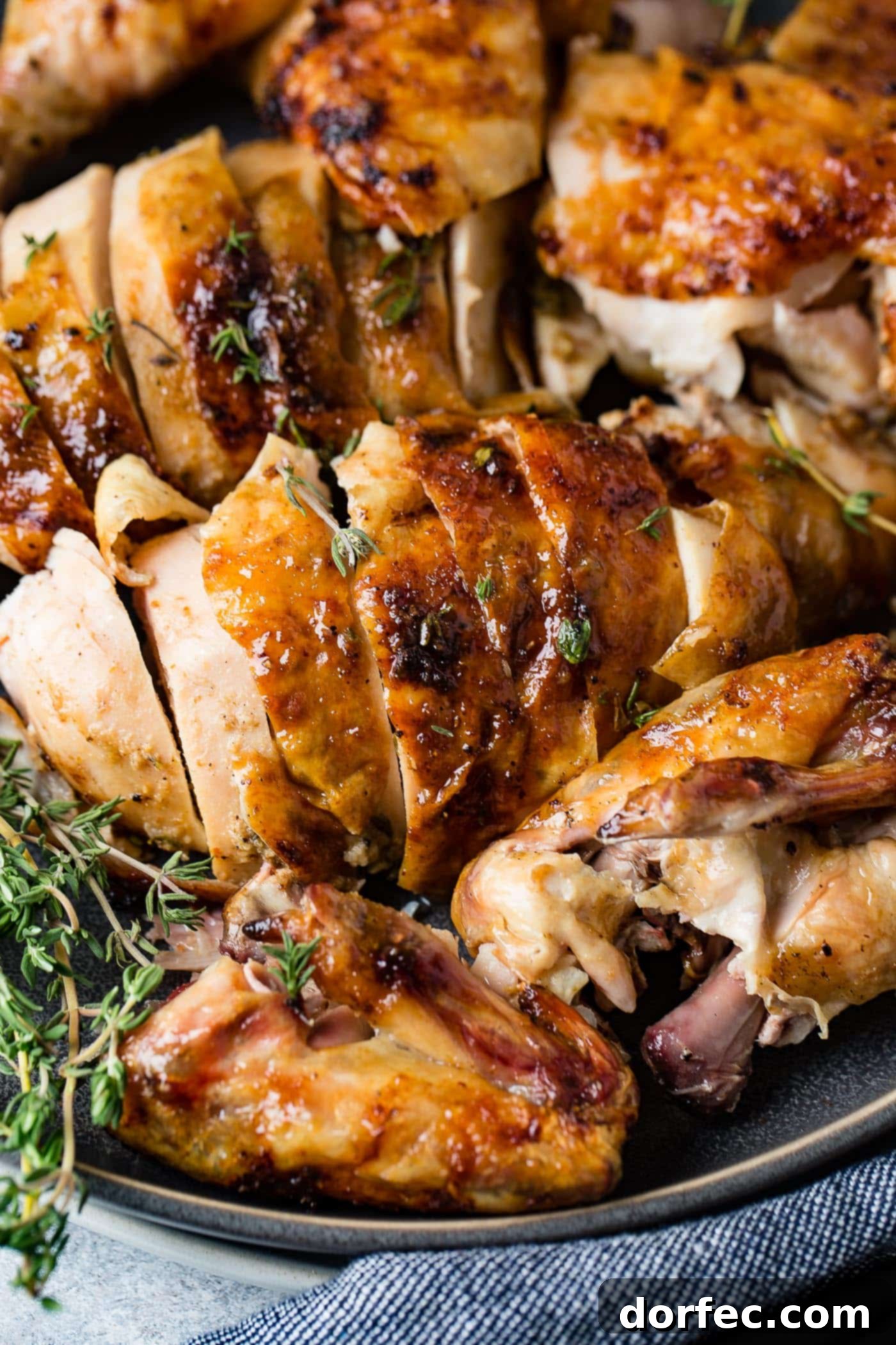 A beautifully sliced smoked chicken arranged on a platter, ready to be served. Fresh thyme leaves are delicately scattered over the chicken and around the plate for an inviting presentation.